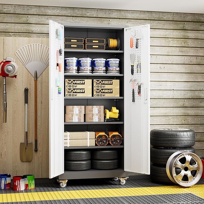 Metal Garage Cabinet with Wheels and Pegboard 71'' x 32'' x 16'', Lockable - Image 2