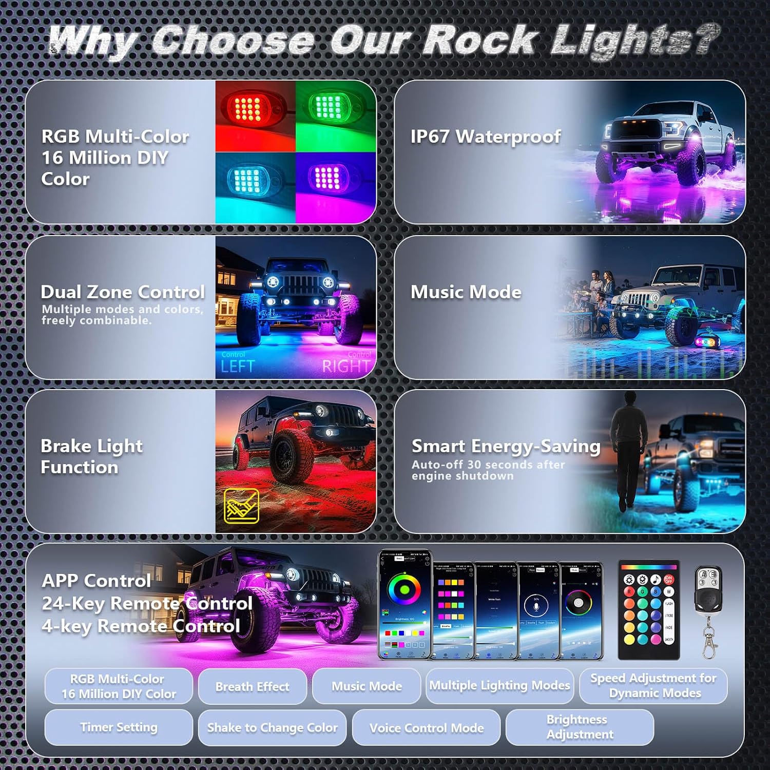 8Pods RGB LED Rock Lights for Jeep Trucks Golf Cart ATV UTV RZR SUV Offroad, Multicolor Underglow Light Kit with APP/RF Remote Dual Zone Neon Vehicle Accent Underbody Light 12V Waterproof
