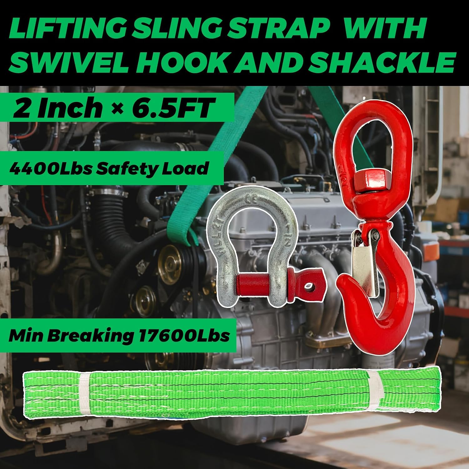 HENBOW Lift Sling Straps|2" × 6.5' Web Sling Strap with Swivel Lifting Hook and D Ring Shackle|4400Lbs Safety Work Load and 17600Lbs Breaking Load|Strap for Hoist Car Tree Saver Winch Recovery