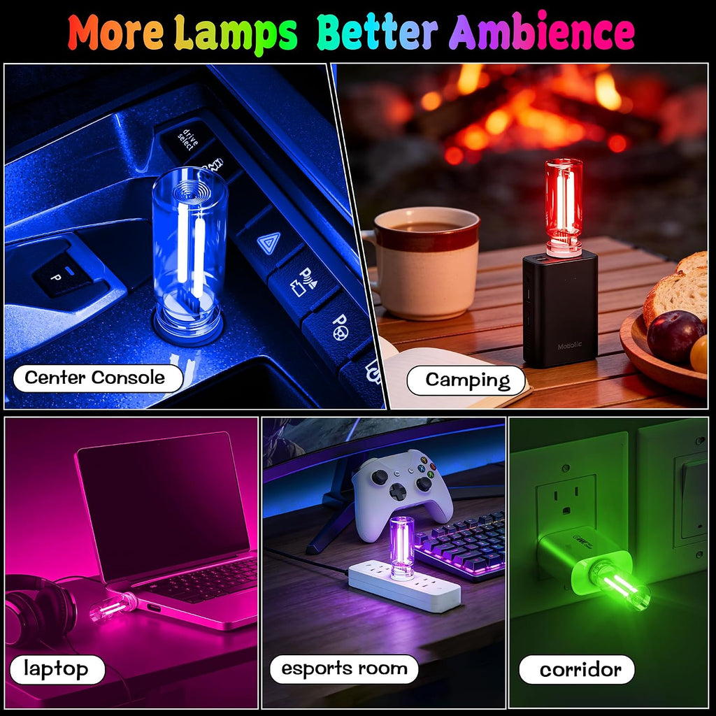 4 PCS USB Touch Dimmable Retro Glass Bottle Car Night Light | Portable design, 4 colors: Red Blue Green Purple, fits car interior, bedroom, hallway, indoor outdoor decor