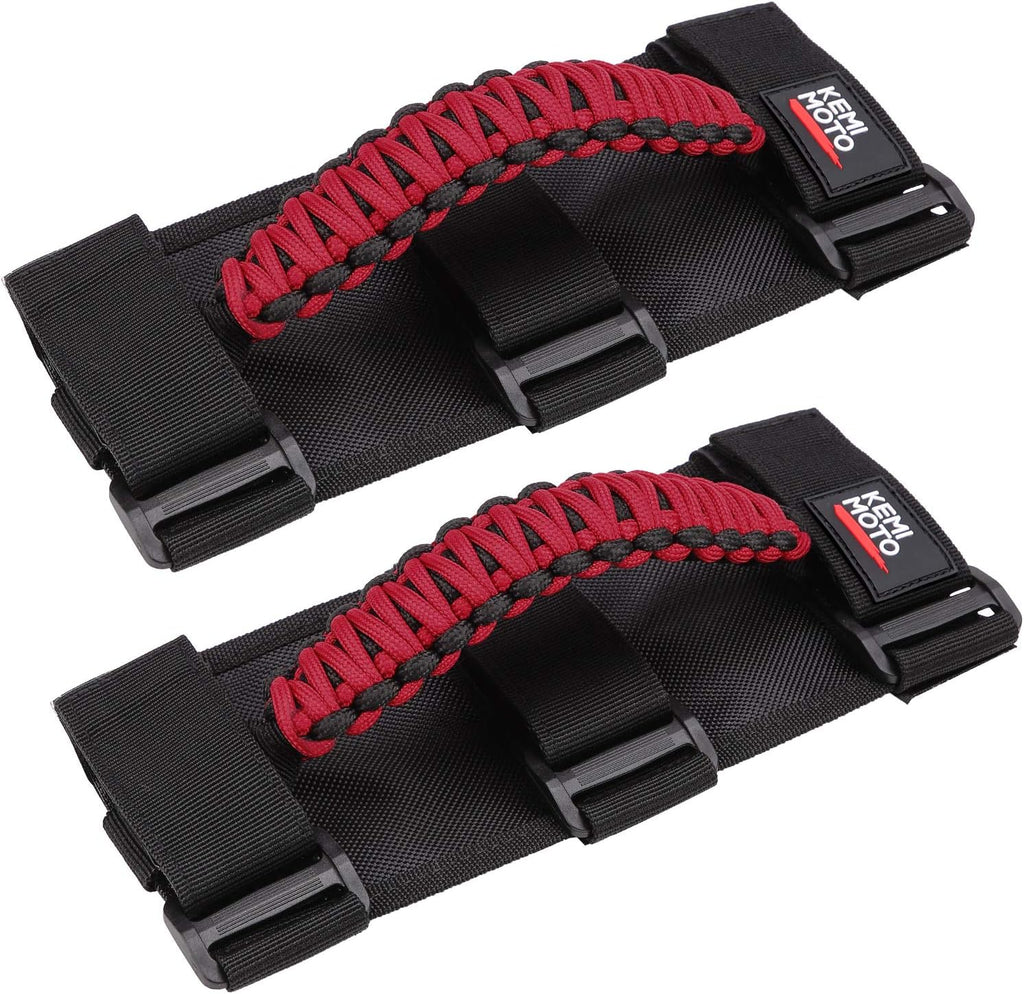 KEMIMOTO UTV Grab Handles, Triple Straps Absorb Sweat Breathable Red Paracord Hand Grip for 1.5 to 2'' Roll Bar Compatible with Polaris RZR, Mavericks, UForce, Talon Pioneer, Mule, 2Pack