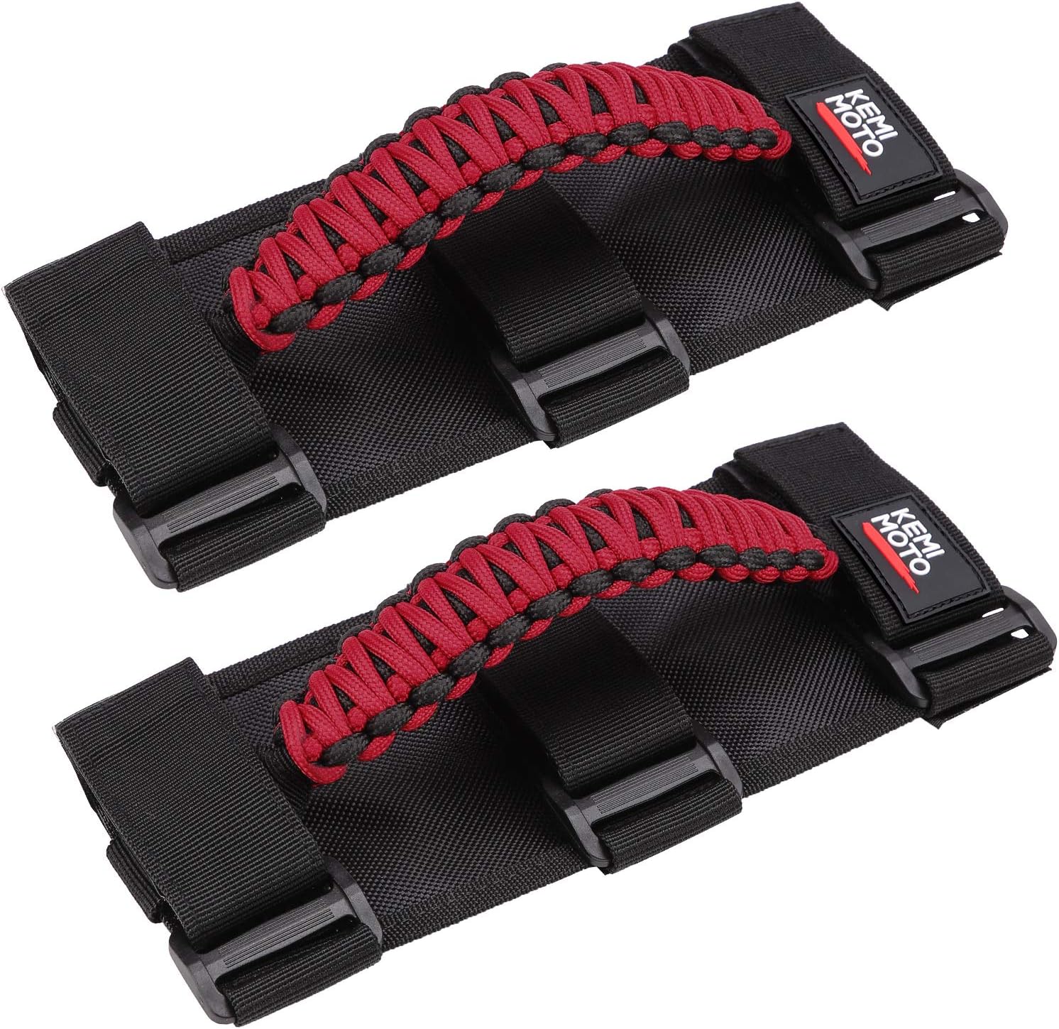 KEMIMOTO UTV Grab Handles, Triple Straps Absorb Sweat Breathable Red Paracord Hand Grip for 1.5 to 2'' Roll Bar Compatible with Polaris RZR, Mavericks, UForce, Talon Pioneer, Mule, 2Pack