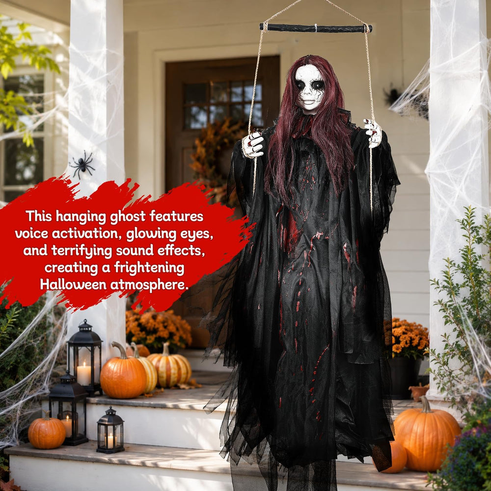59" Scary Hanging Ghost Girl Halloween Decoration – Sound & Touch Ac...