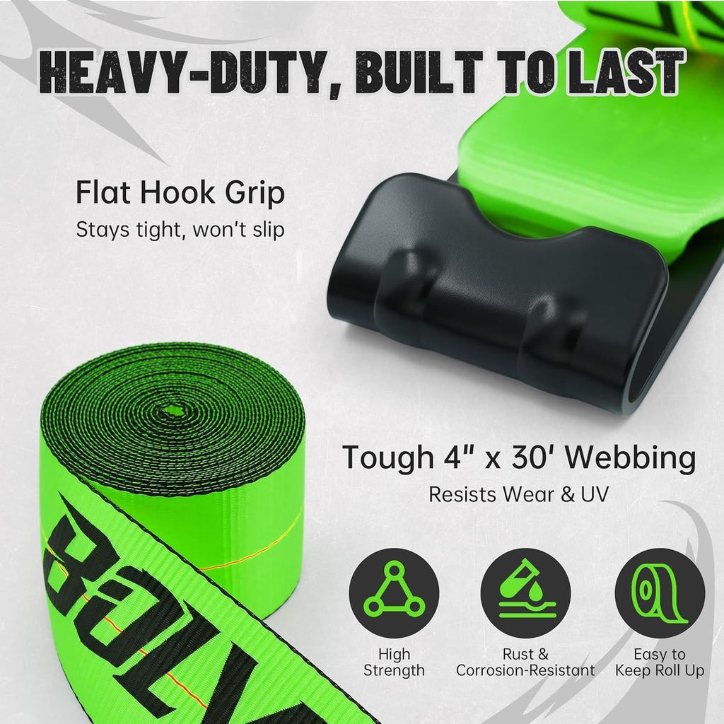 4 Pack 4" x30' Winch Straps with Flat Hooks, 16200LBS Break Strength Heavy Duty Tie Down Straps for Flatbed Trucks, Trailers, Cargo Control