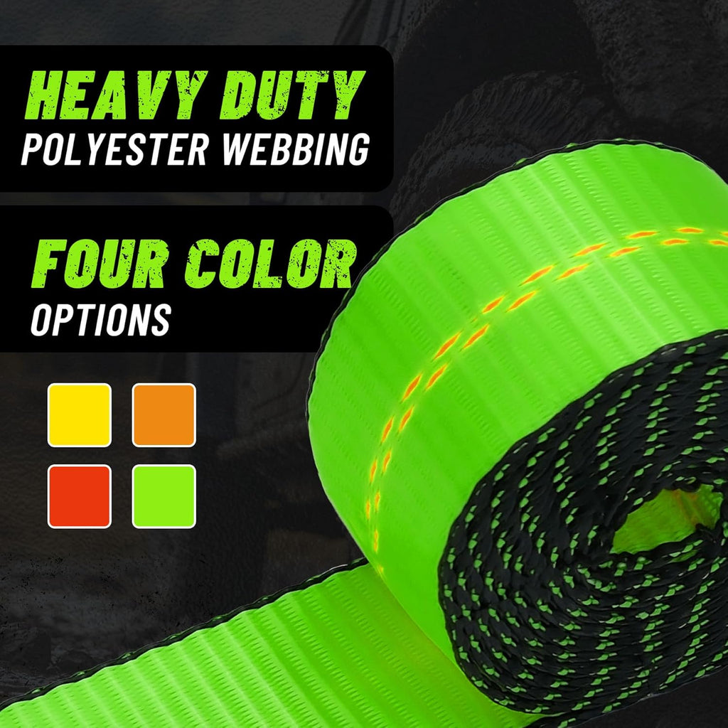 8 Pack 2" x 96" Lasso Strap - 9900LBS Break Strength - D Ring Auto Tie Down for Wheel Lift, Trailer, Tow Truck (Green)