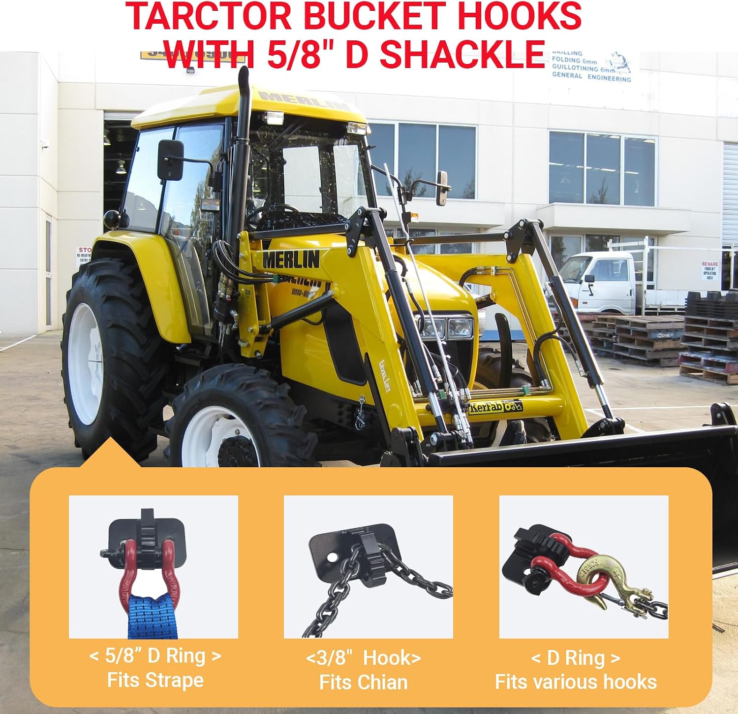 3/8 inch Tractor Bucket Grab Hook with 5/8 inch Tie Down D-Shackle | Bolt On Black Coating Max Tow 10000 lbs.