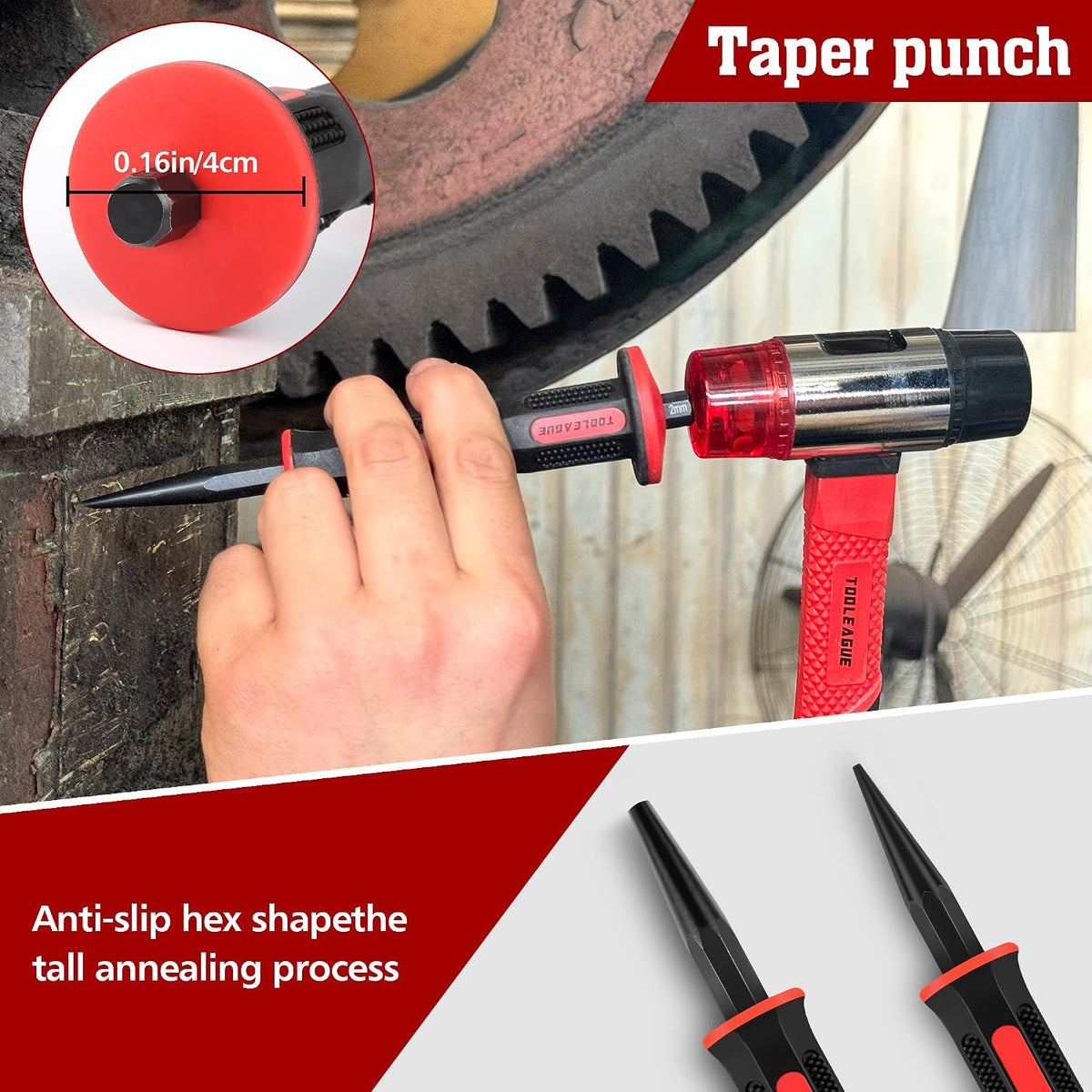 tooleague 9pcs punch and chisel set with hand showing dimensions
