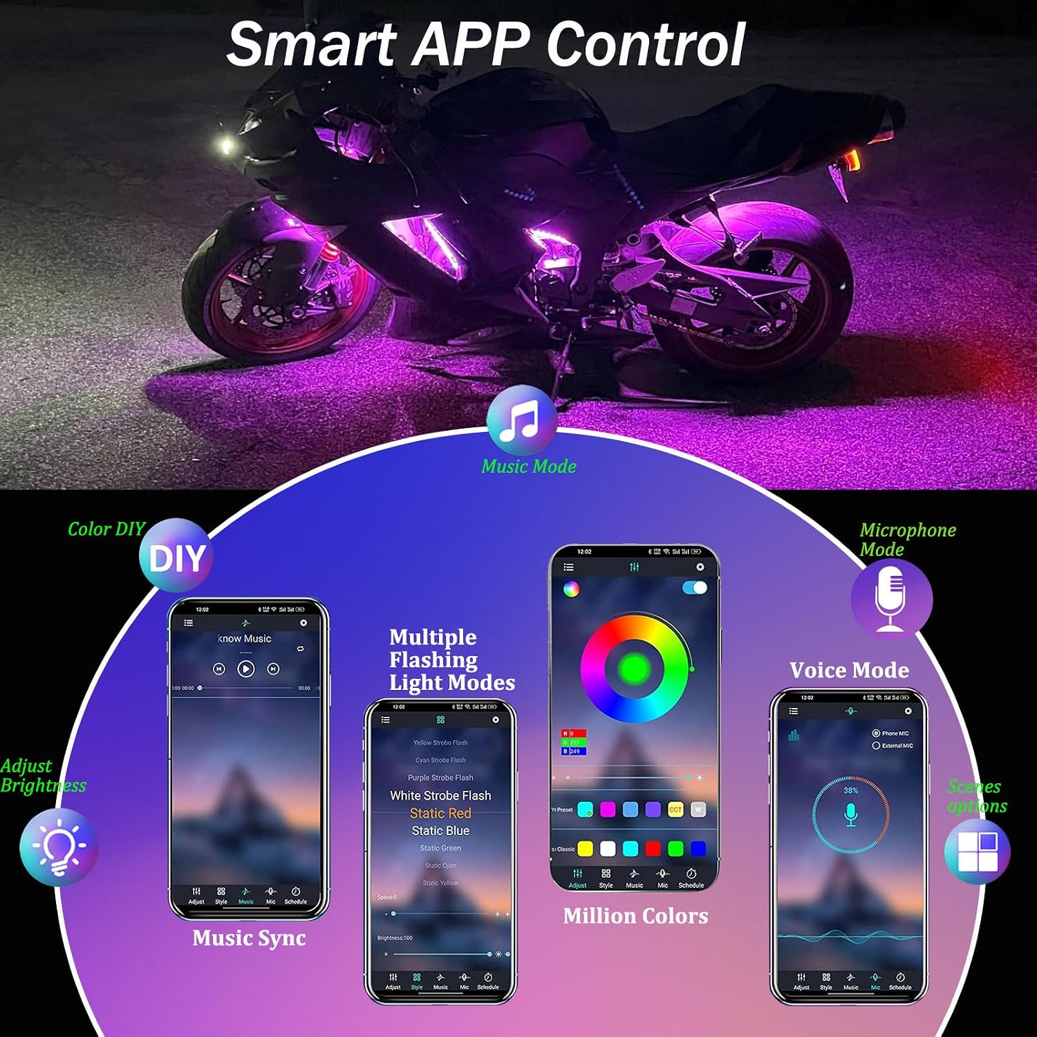 YUGUANG 12PCS Motorcycle Underglow Kit, Motorcycle Lights Underglow Kit with APP Control Multi-Color Music Sync Waterproof RGB Under Glow for Motorcycles