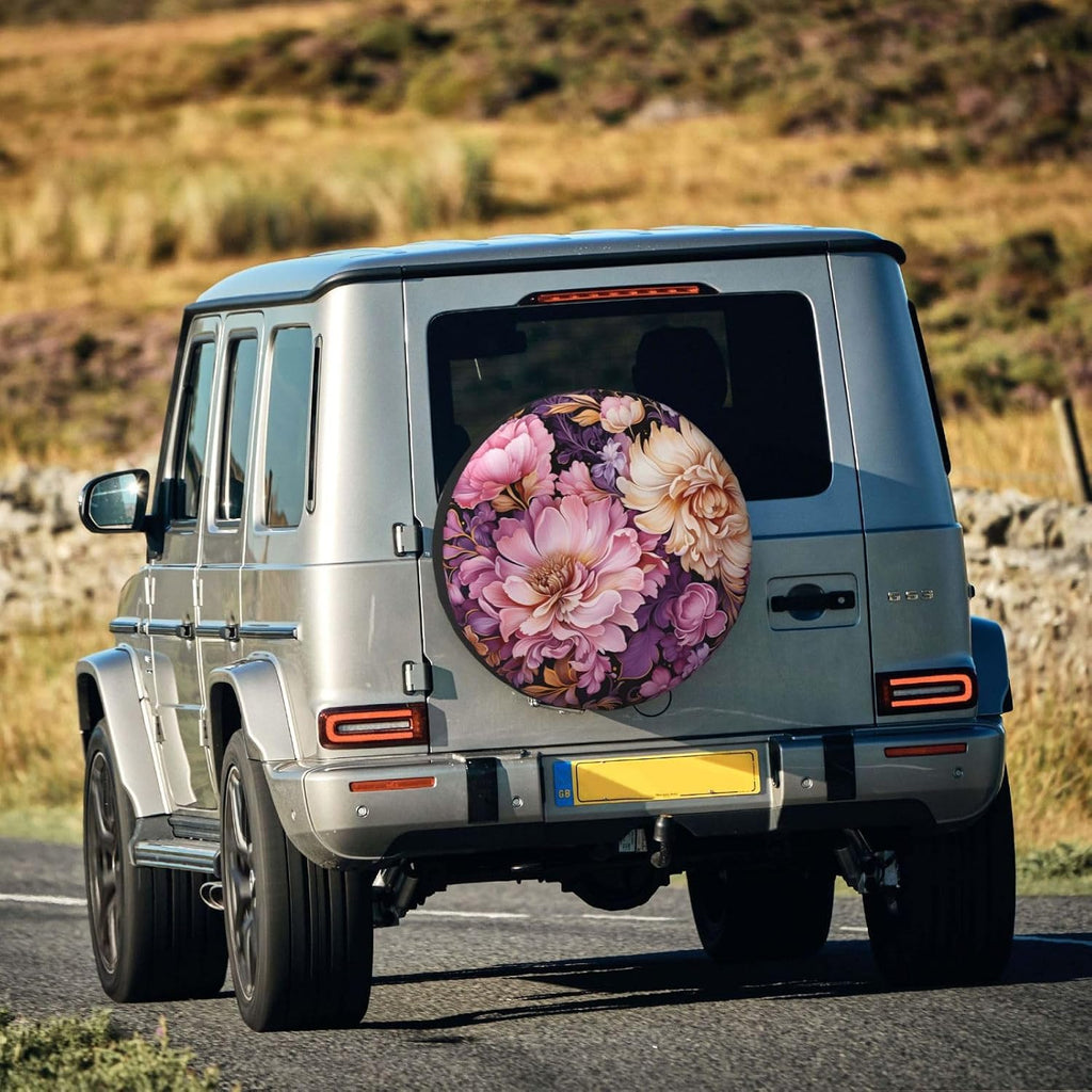 Pink Purple Floral Art Spare Tire Cover 17 inch, Universal Waterproof Dust-Proof Sun Protection Cover with Adjustable Nylon Rope Easy Installation for Jeep Trailer SUV Truck RV
