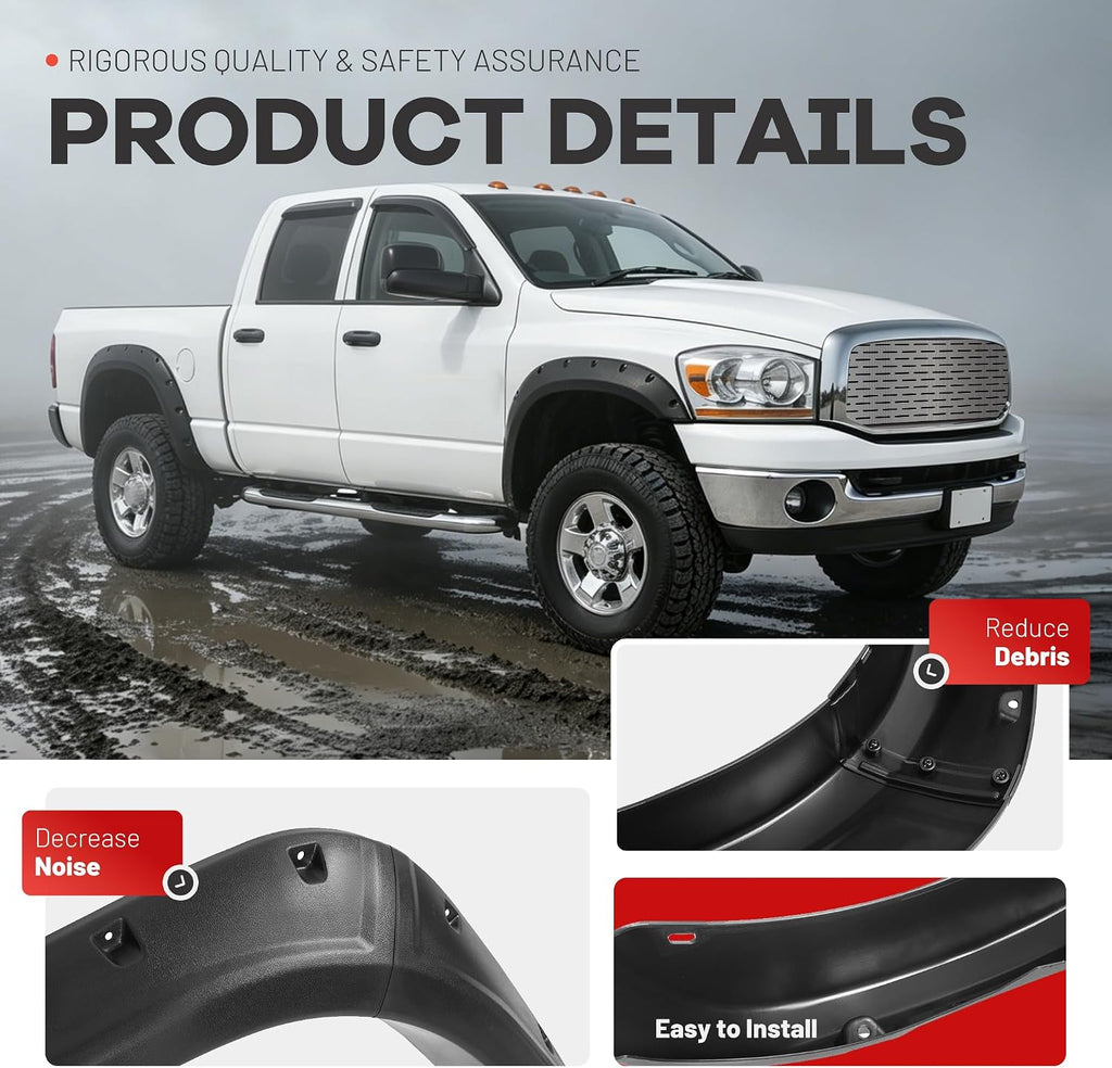 ALMULOO 4Pcs Fender Flares Compatible with 2002-2009 Dodge Ram 1500 2500 3500 (Not Fit 06-09 8ft Bed Models) w/Fleetside 76.3 inch Bed Pocket Riveted Style Wheel Arch Covers Plastic Textured Black