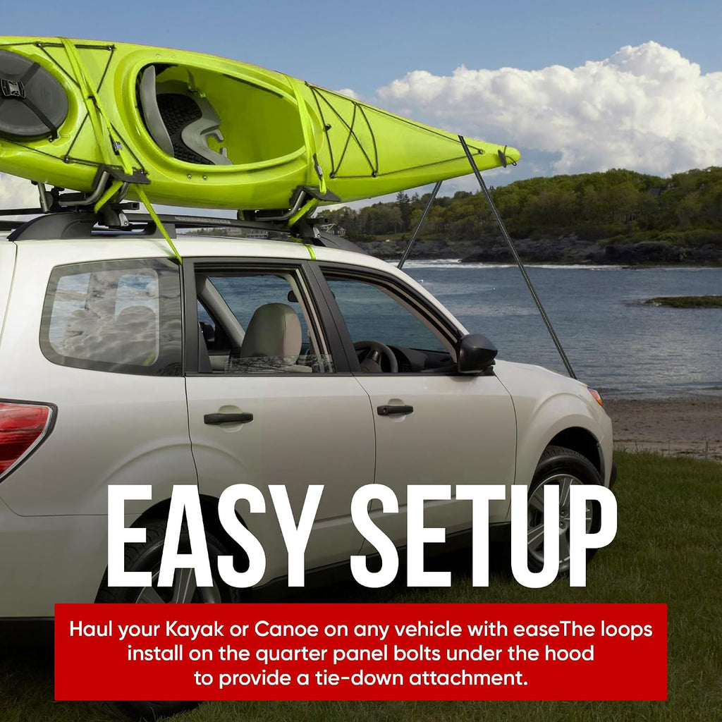Cajun Tie Downs Hood Loop Anchor Straps — Under Hood Kayak & Canoe Tie-Down, Fits Vehicles Without Tow Hooks, 1" x 8", 2-Pack, Made in USA, Black/Yellow