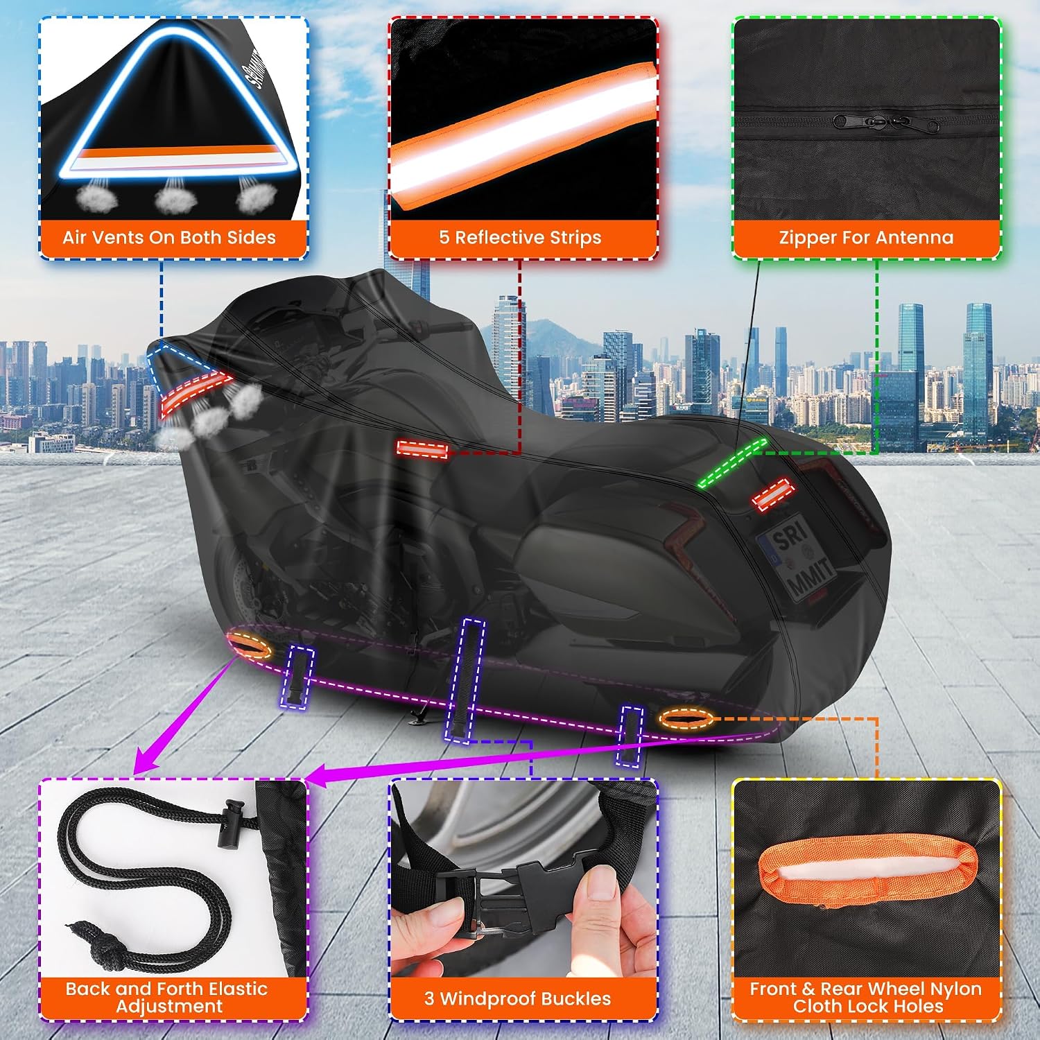 Motorcycle Cover Heavy Duty, 420D Motorcycle Cover Waterproof Outdoor with Nano Coating, 5 Reflective Strips and Air Vents, Dirtbike Cover (Black 3XL)
