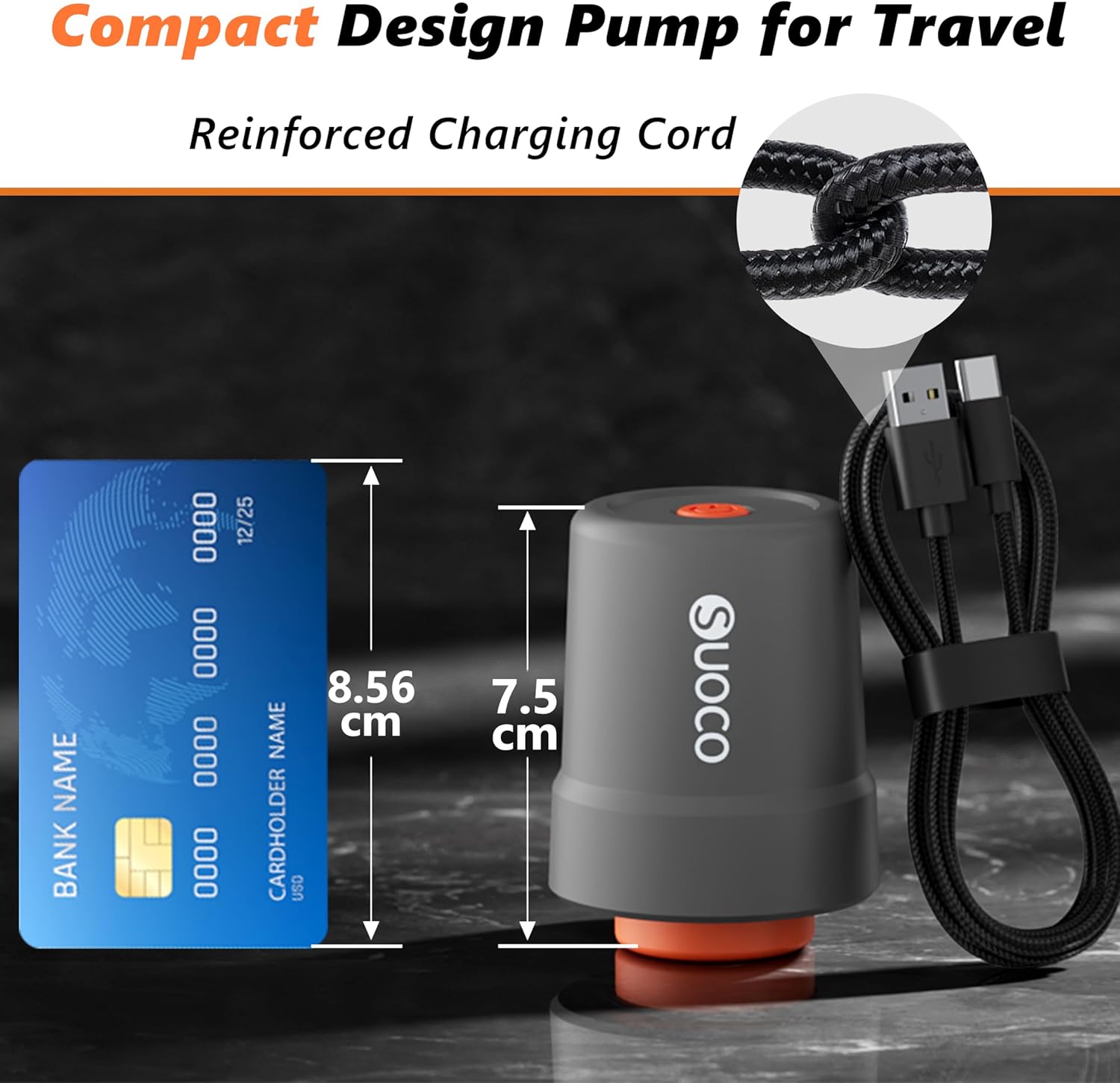 SUOCO Travel Vacuum Pump for Vacuum Storage Bags, Mini USB Rechargeable Portable Cordless Electric Pump for Compression Seal Space Saver Bags (Storage Bags Not Included), Grey
