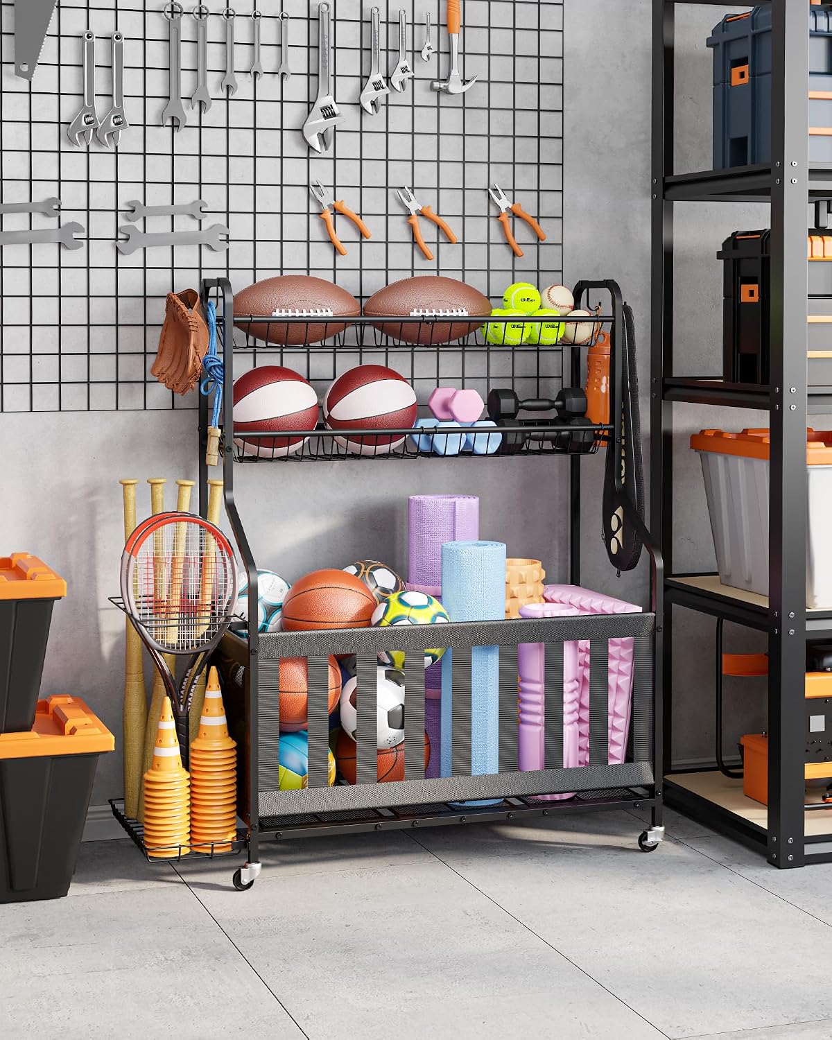 kitsure sports equipment organizer with wheels, garage ball, package contents