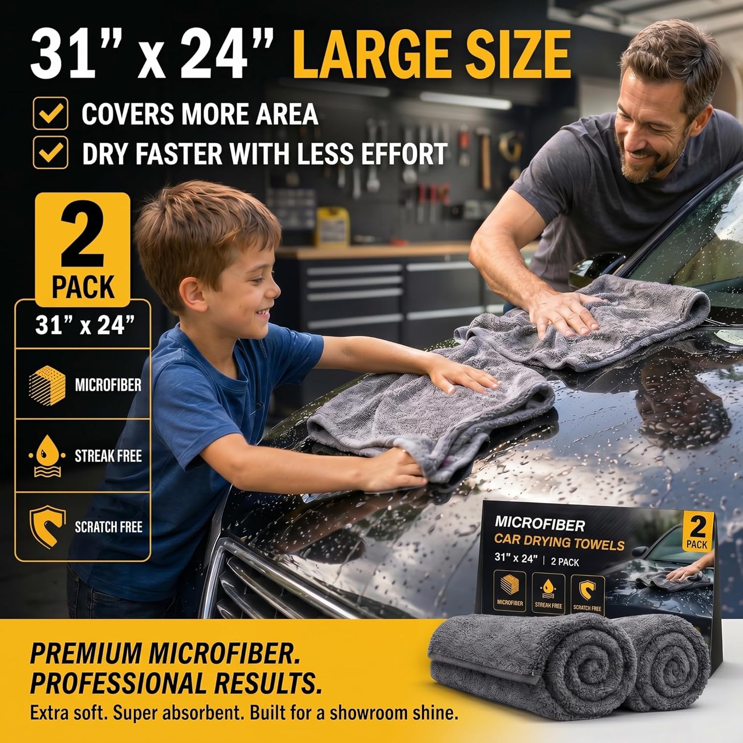 2 Pack Professional Large Microfiber Car Drying Towels (31" x 24"), Microfiber Towels for Cars, Scratch Free, Lint Free, Highly Absorbent Quick Drying Towel Cloth for Cars, Trucks Boats, Car Detailing
