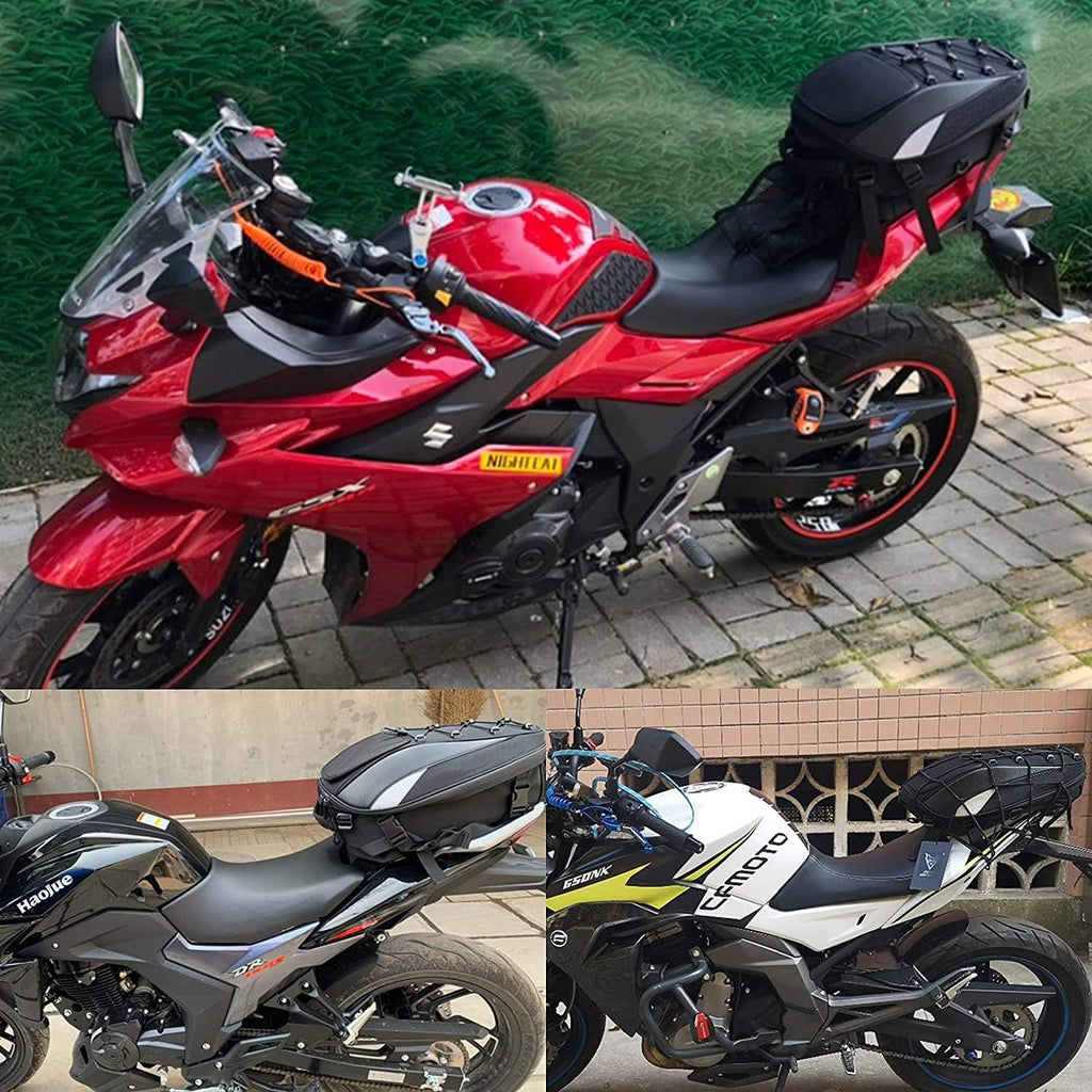 Motorcycle Tail Bag,Waterproof Seat Bag,Dual Use Backpack With Cargo Net | Expandable Helmet Bag with Rain Cover & Shoulder Strap, Multifunctional Storage Saddle Bag, Motorbike Luggage Tail Pack