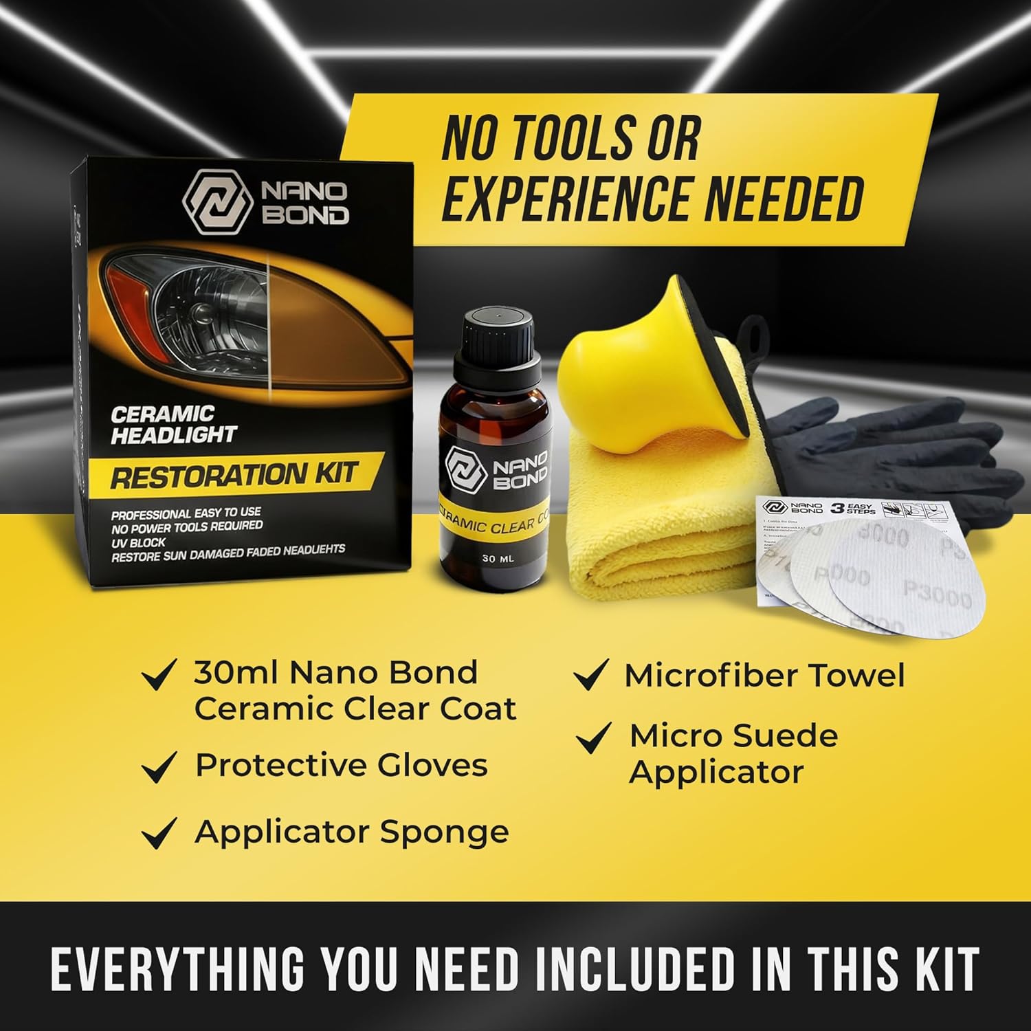 Nano Bond Ceramic Headlight Restoration Kit - No Power Tools Needed, Self-Leveling Headlight Clear Coat, 3 Easy Steps, Removes Oxidation from Foggy Plastic Lenses, 30ml Bottle