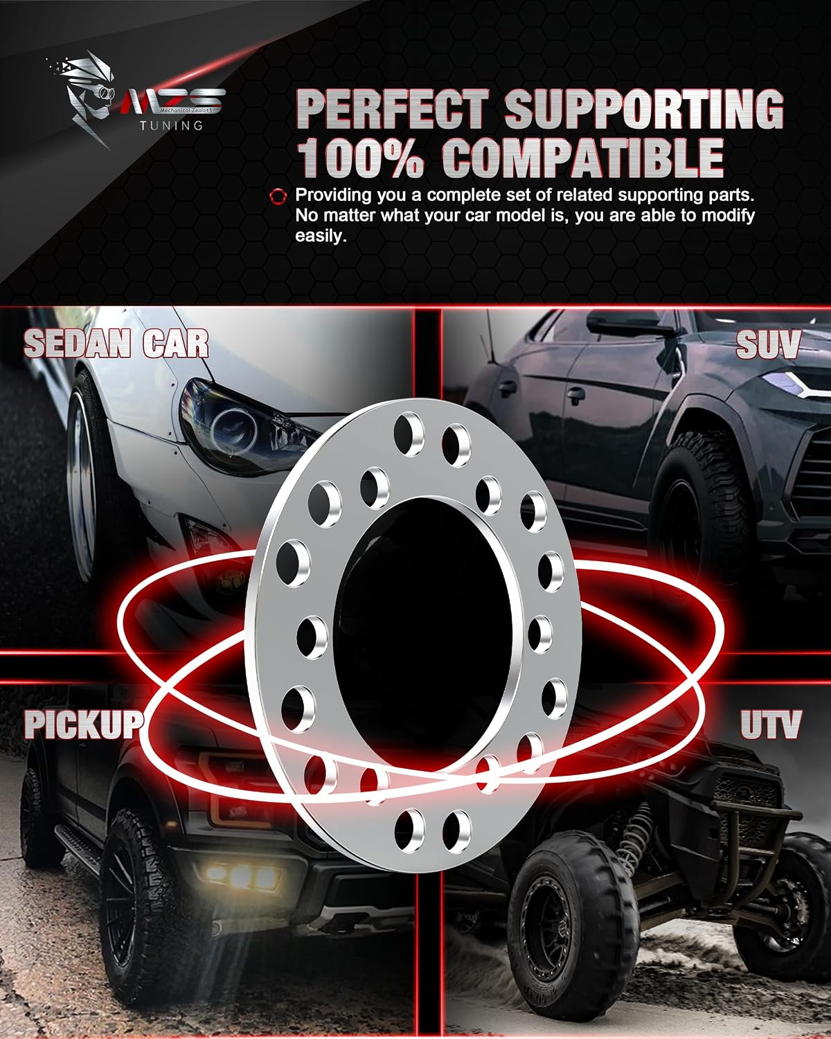 MZS 6x5.5 Wheel Spacers, 1/4" 6mm Thick 6x4.5 / 6x114.3 6x115 6x135 6x139.7 - M12 M14 1/2" 7/16" Thread Pitch Fit Most 6 Lug Vehicle - Pack of 4
