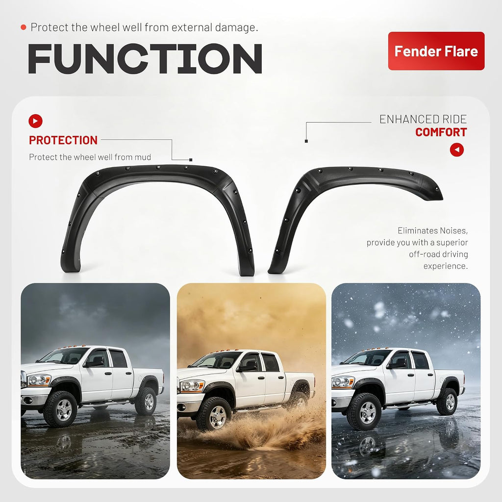 ALMULOO 4Pcs Fender Flares Compatible with 2002-2009 Dodge Ram 1500 2500 3500 (Not Fit 06-09 8ft Bed Models) w/Fleetside 76.3 inch Bed Pocket Riveted Style Wheel Arch Covers Plastic Textured Black