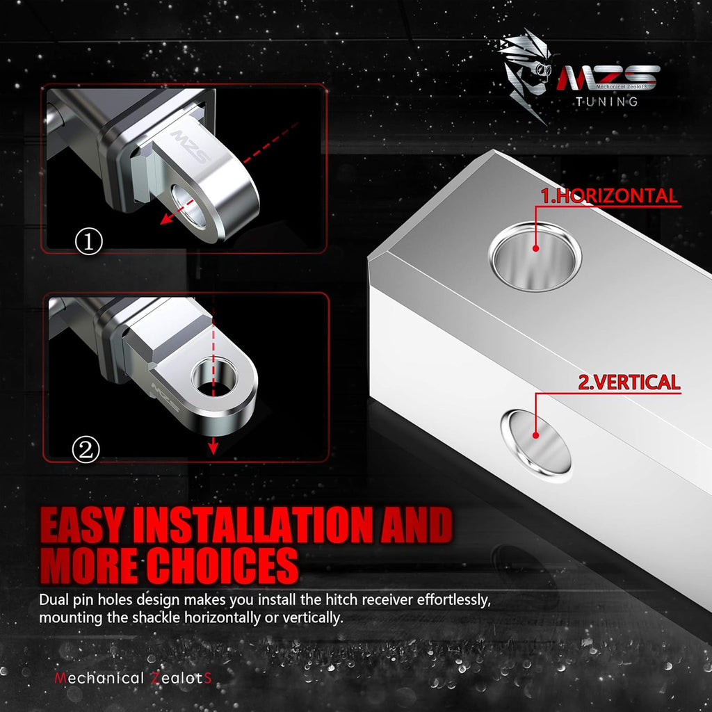 MZS 2 Inch Shackle Hitch Receiver 45000 lbs Break Strength Fit 2" Receiver | CNC Aluminum Rustproof, 11000LBS WLL, Dual Pin Hole Mount, Works with D-Rings & Soft Shackles, Built for Towing Recovery