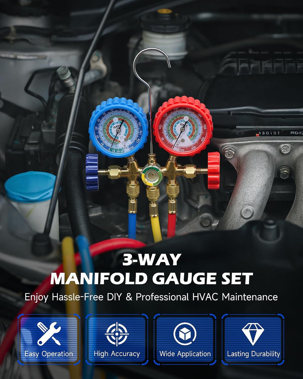 omt 3-way ac manifold gauge set for r134a shown in use
