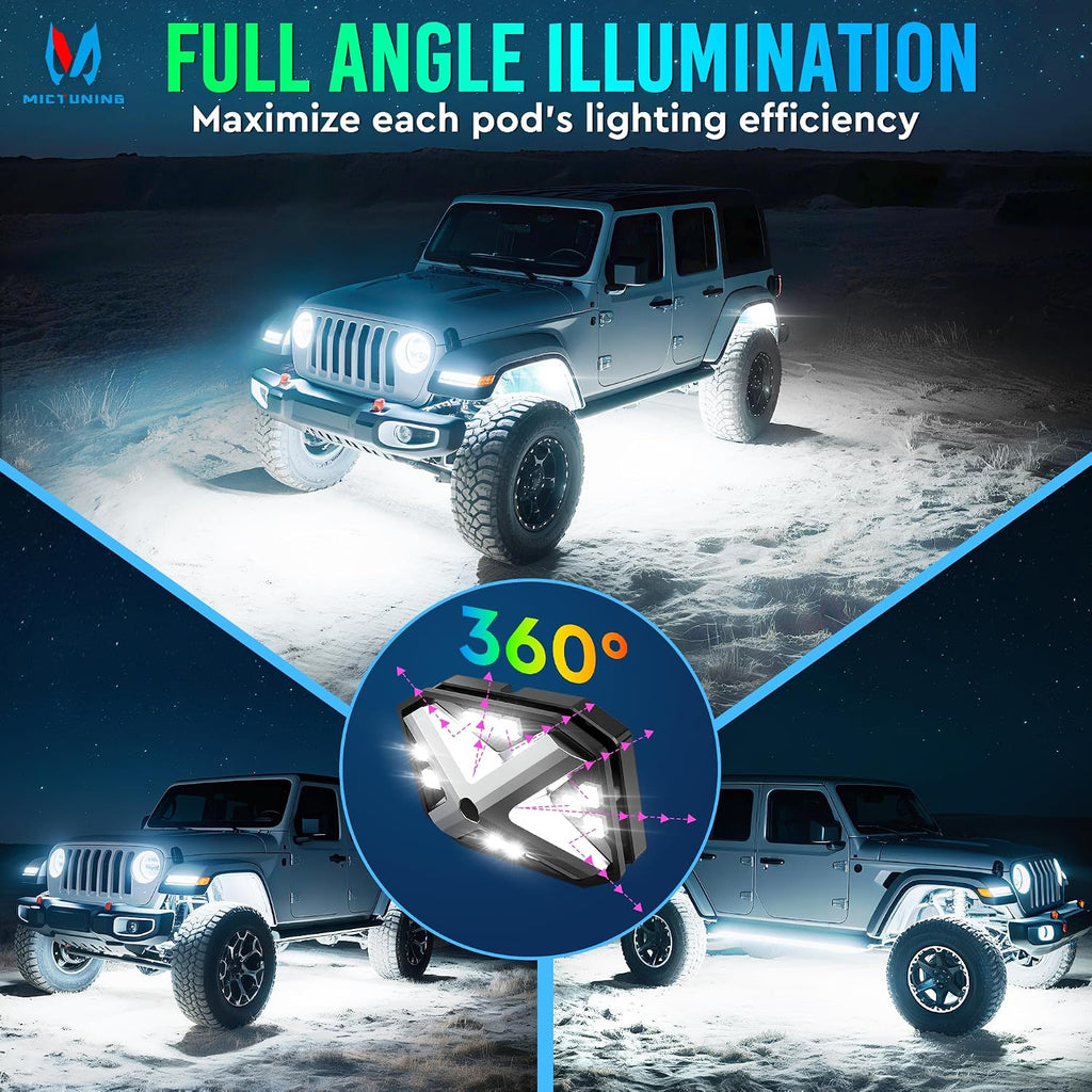 MICTUNING C4 RGBW Rock Lights Kit, 12 Pods 360° Ultra-Bright 4-Sided Wide Beam Angle Underglow Neon Accent Lighting Kit, Microphone Sync with APP Control, IP68 Waterproof