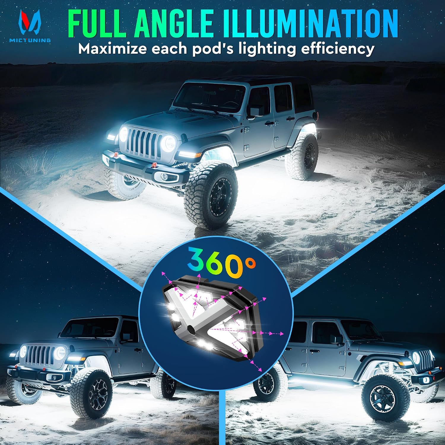 MICTUNING C4 RGBW Rock Lights Kit, 12 Pods 360° Ultra-Bright 4-Sided Wide Beam Angle Underglow Neon Accent Lighting Kit, Microphone Sync with APP Control, IP68 Waterproof