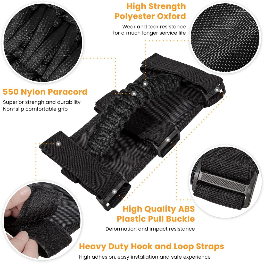 4 x Roll Bar Grab Handles Grip Handle for Jeep Wrangler JK JKU JL JLU TJ YJ Sports Sahara Freedom Rubicon Unlimited Gladiator JT 1955-2023 UTV ATV Premium 550 Paracord Interior Accessories (Black)