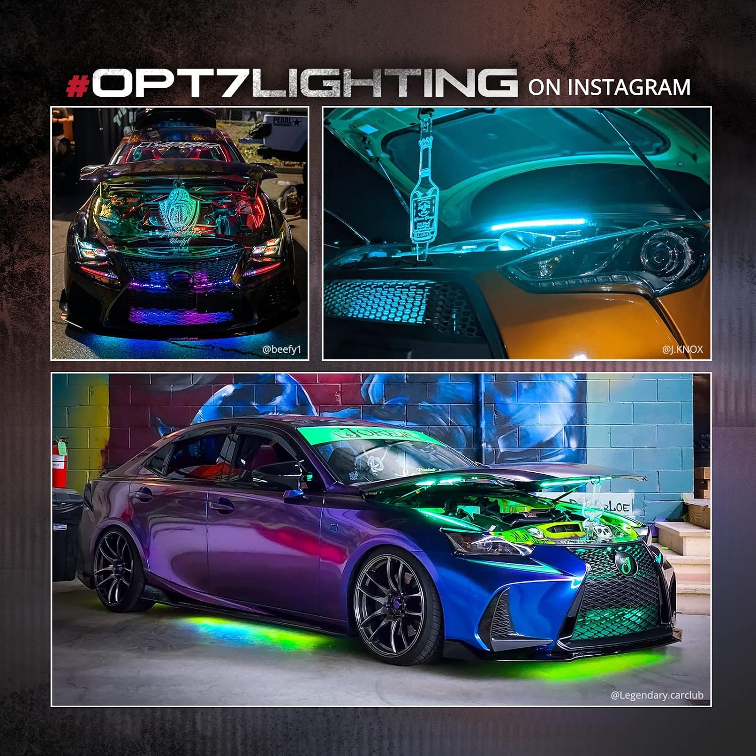 OPT7 Aura Engine Bay RGB LED Light Kit with Remote Control, 4 pc 12" Waterproof Under Hood Light Strips, Multicolor Mode, Exterior Neon Accent Lighting for Cars Trucks SUVs Vans, Universal Car Décor