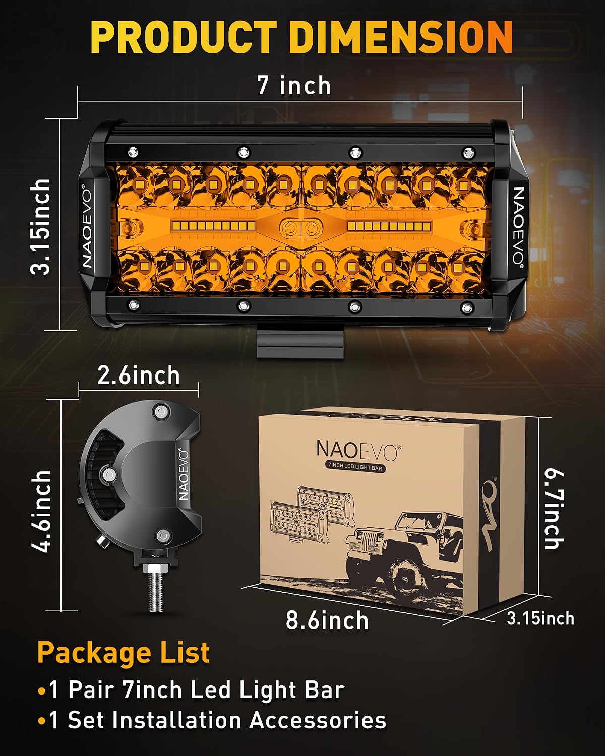 naoevo 7 inch amber led light bar, 240w, front angle view