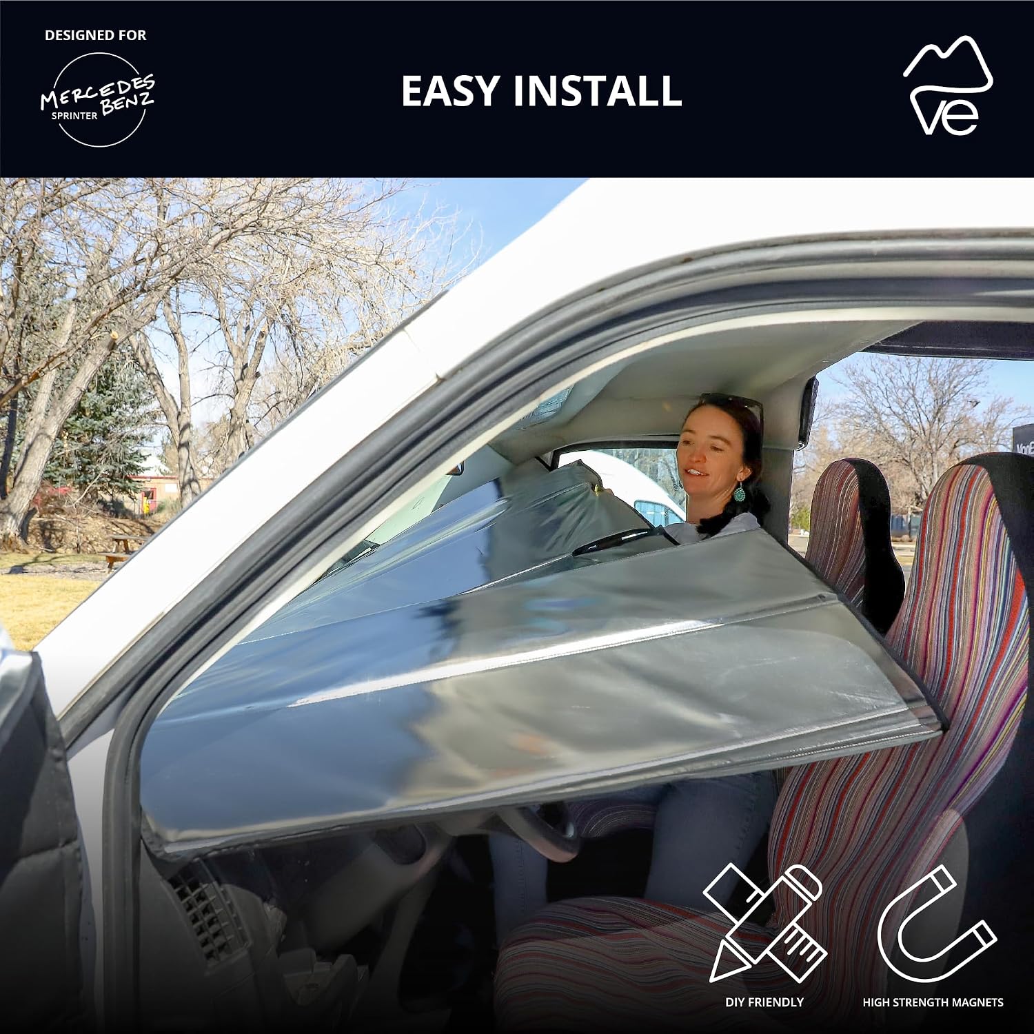 VanEssential Insulated Reflective Blackout Window Cover Designed for Mercedes-Benz NCV3 & VS30 (Van Years 2007 to Current), Front Windshield, Charcoal Gray Reflective