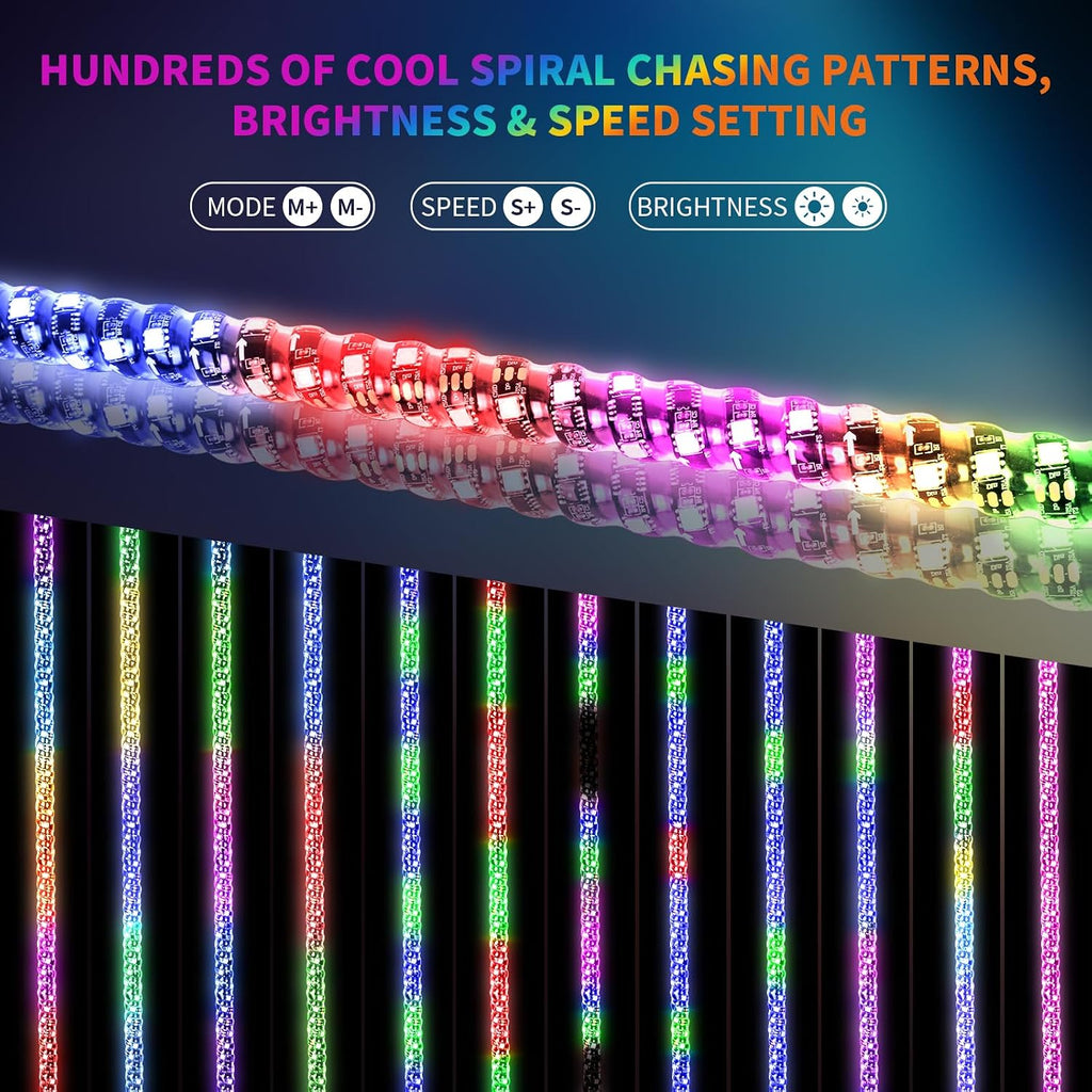 2PCS 4FT LED Whip Light and 6 Pods Rock Light Kit with Spring Base, Spiral RGB Chase and Music Lights Whips with Rocker Switch, App & Remote Control, for UTV ATV RZR SXS Can-Am Polaris