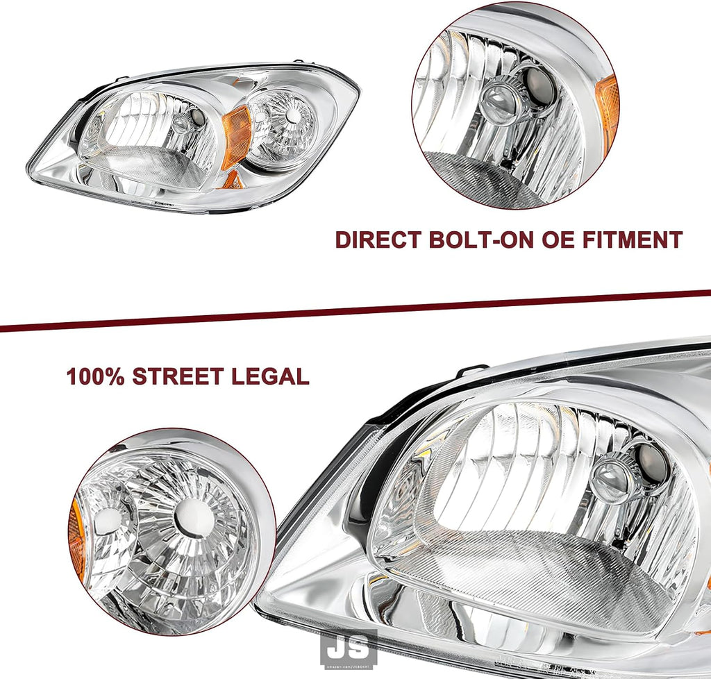 JSBOYAT Headlight Assembly Fit for 2005-2010 Chevy Cobalt 2007-2010 Pontiac G5 2005-2006 Pursuit Passenger and Driver Side, Chrome Housing & Amber Reflector