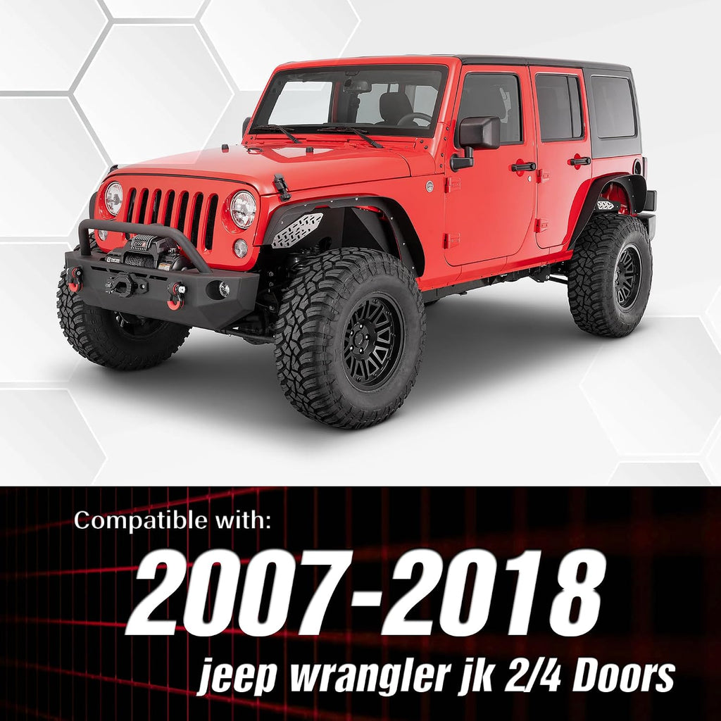 YZONA for JK 4-Piece Flat Style Front and Rear Fender Flares Kit Compatible with 2007-2018 Jeep Wrangler JK JKU Unlimited (2/4 Doors) Off-Road Heavy Duty Steel Wheel Fenders Combo, Textured Black