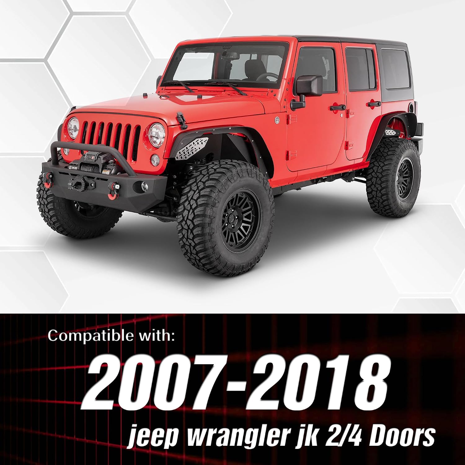 YZONA for JK 4-Piece Flat Style Front and Rear Fender Flares Kit Compatible with 2007-2018 Jeep Wrangler JK JKU Unlimited (2/4 Doors) Off-Road Heavy Duty Steel Wheel Fenders Combo, Textured Black