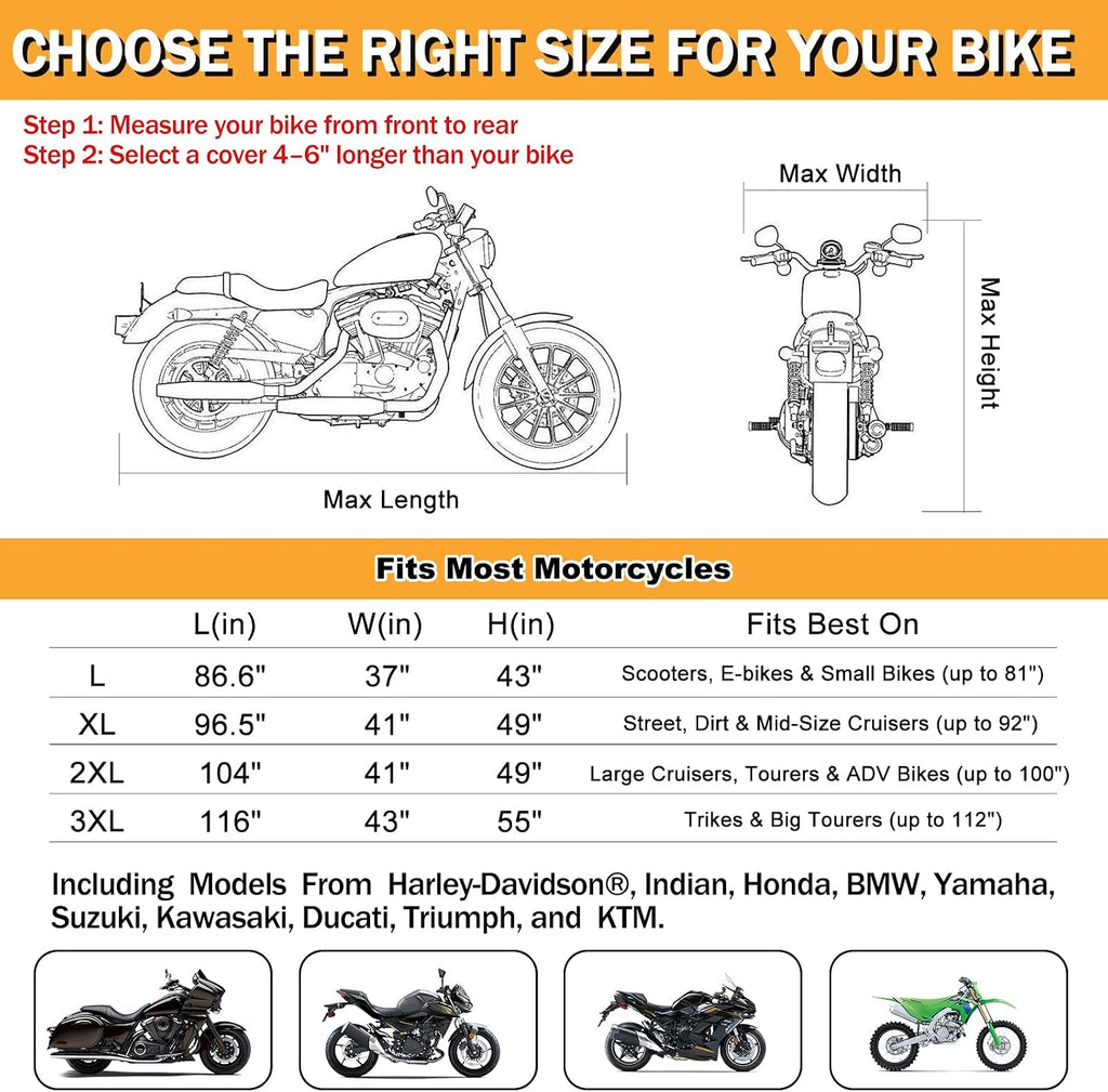 Heavy Duty Motorcycle Cover Waterproof Outdoor Universal Fit up to 92 Inch, All Season Protection for Kawasaki Z650 Ninja ZX-10R, Honda Rebel 500 CBR500R with See-Through License Panel