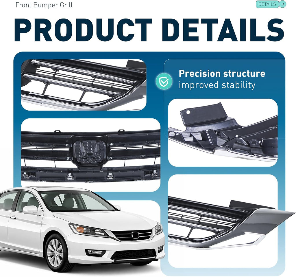 ALMULOO Front Bumper Grill Compatible with 2013-2015 Honda Accord 4Door Sedans Only Upper Black Chrome Grille ABS Plastic Replacement for 71121T2FA01 HO1200214