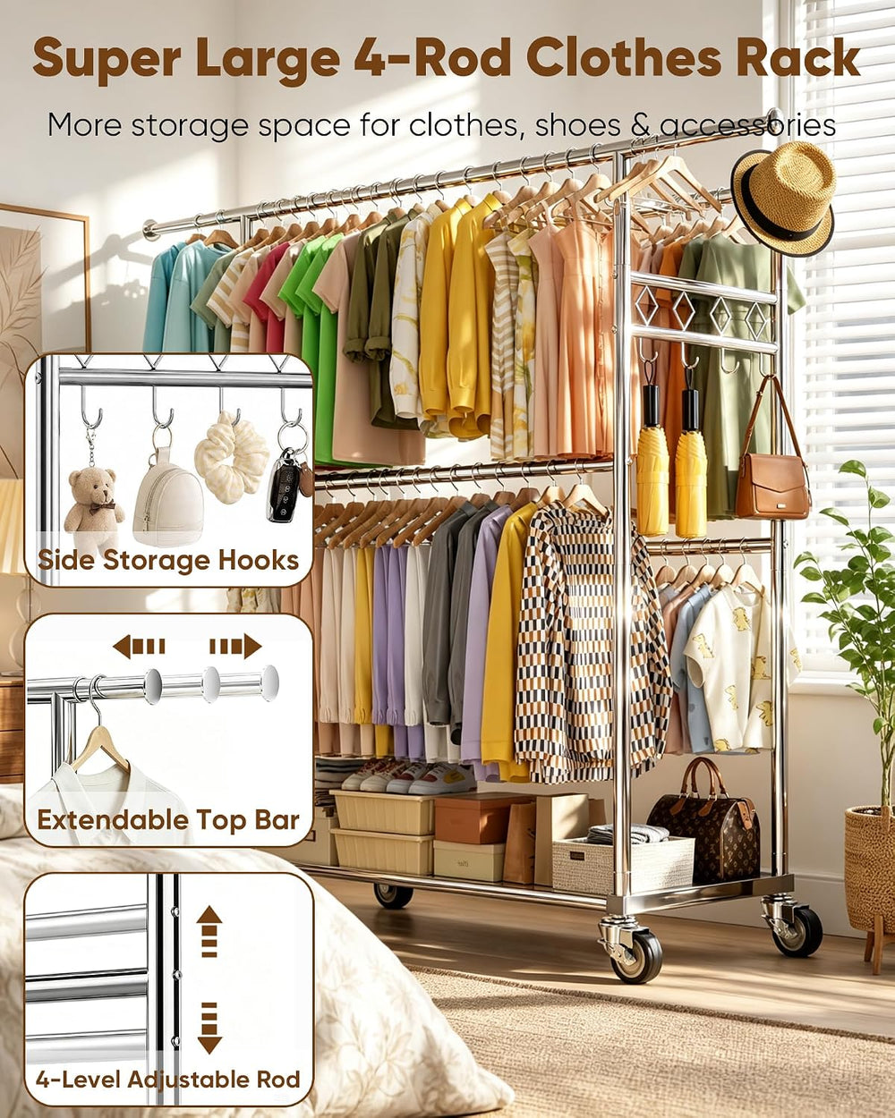 Large Clothes Rack with Shelf Loads 1100lbs, Four Rods Garment Rack, Silver