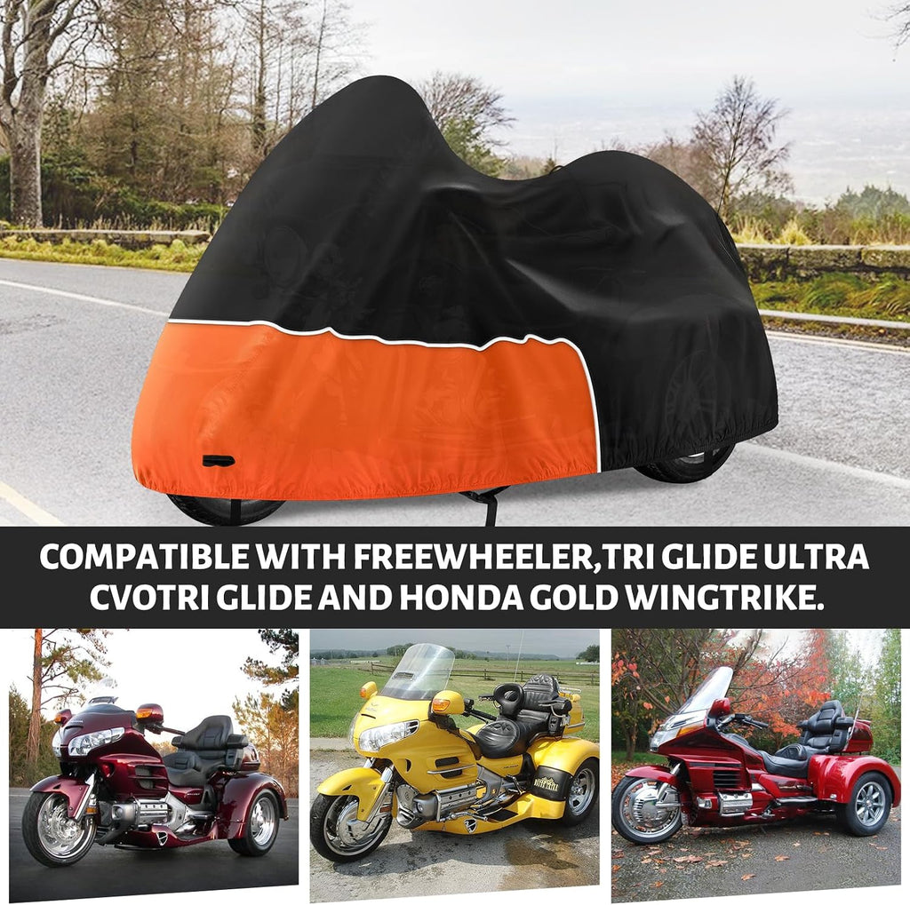 Trike Cover, Waterproof 3 Wheel Motorcycle Cover for Harley Davidson, Honda Goldwing, Kawasaki Trike Accessories, with Windproof Buckle, Reflective Strap, Black&Orange