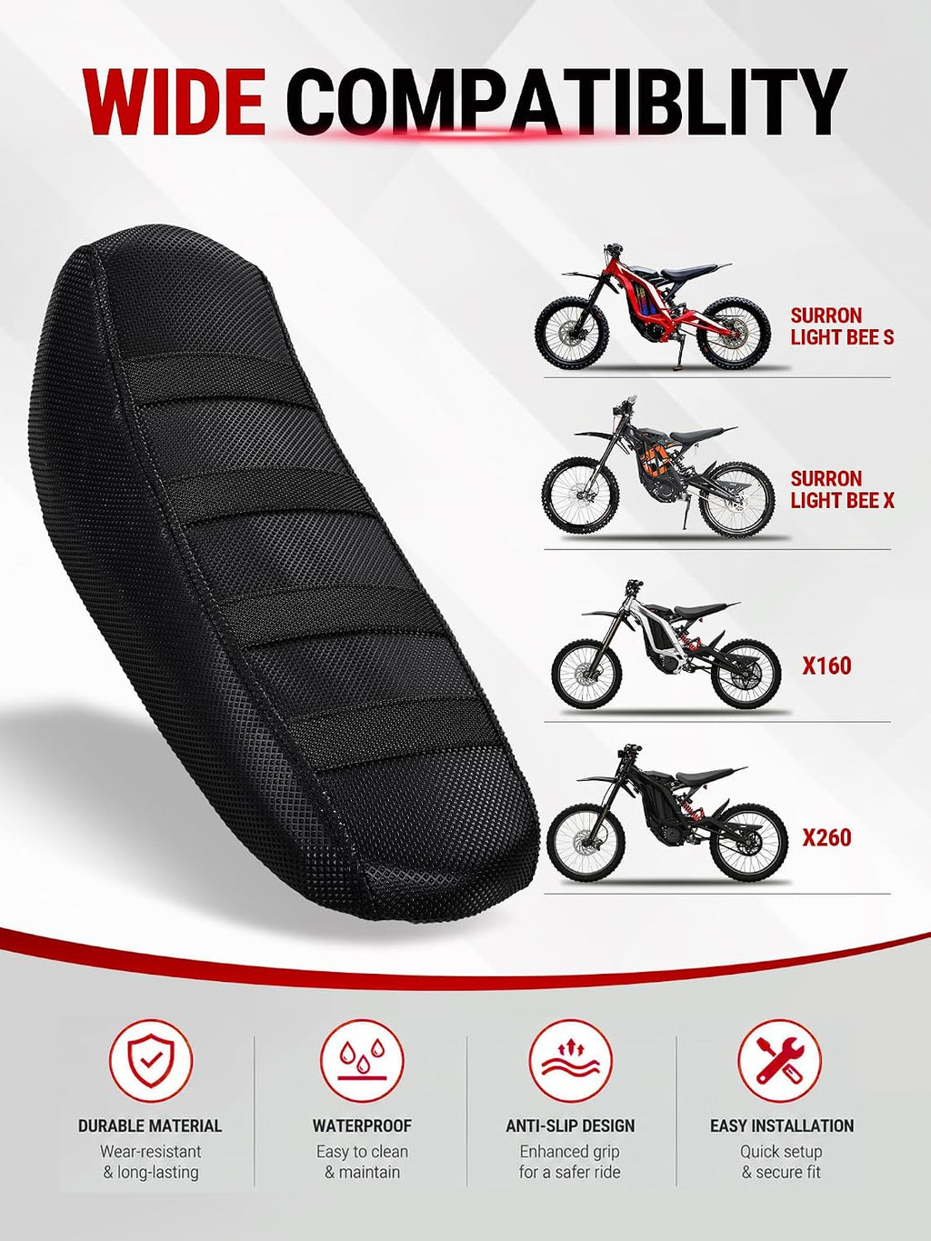 Electric Dirt Bike Seat Cover for Surron Light Bee,Non-Slip Motorcycle Cushion Cover for Sur Ron Light Bee X and S/X160/X260-Black