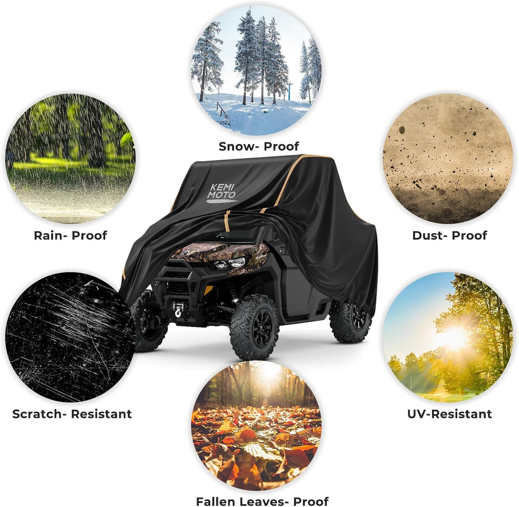 Kemimoto UTV Cover, All-Weather Protection UTV Cover Two Seater Compatible with Can Am Defender Polaris Ranger General Commander Rhino Pioneer Kawasaki Mule Teryx 2-3 Seaters 130" x 73" x 58"