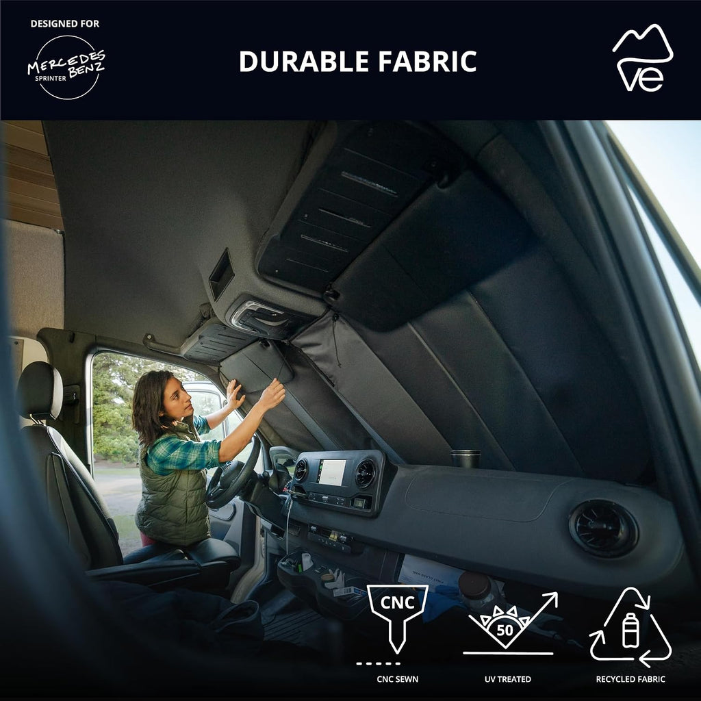 VanEssential Insulated Reflective Blackout Window Cover Designed for Mercedes-Benz NCV3 & VS30 (Van Years 2007 to Current), Front Windshield, Charcoal Gray Reflective