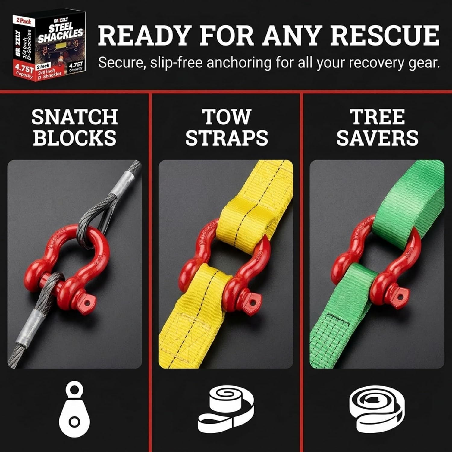 2 Pack- D Ring Shackles 3/4 INCH – Red – Heavy Duty Forged Steel with 4.75 Ton Capacity – Ideal for Jeeps, ATV’s, Trucks to use with Recovery,Towing, Snatch Straps,Snatch Block,Tree Savers