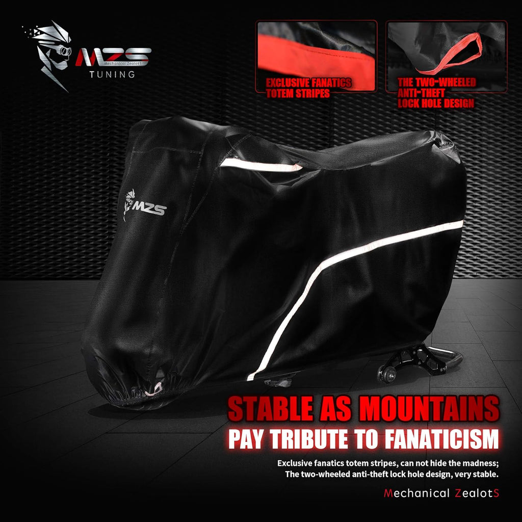 MZS Motorcycle Cover - All Season Weather Outdoor Waterproof Protection fits up to 86 inch L Compatible Sport Bikes Cruiser - Vents Night Reflective Tear Scratch Proof Sunblock Adjuster Buckle