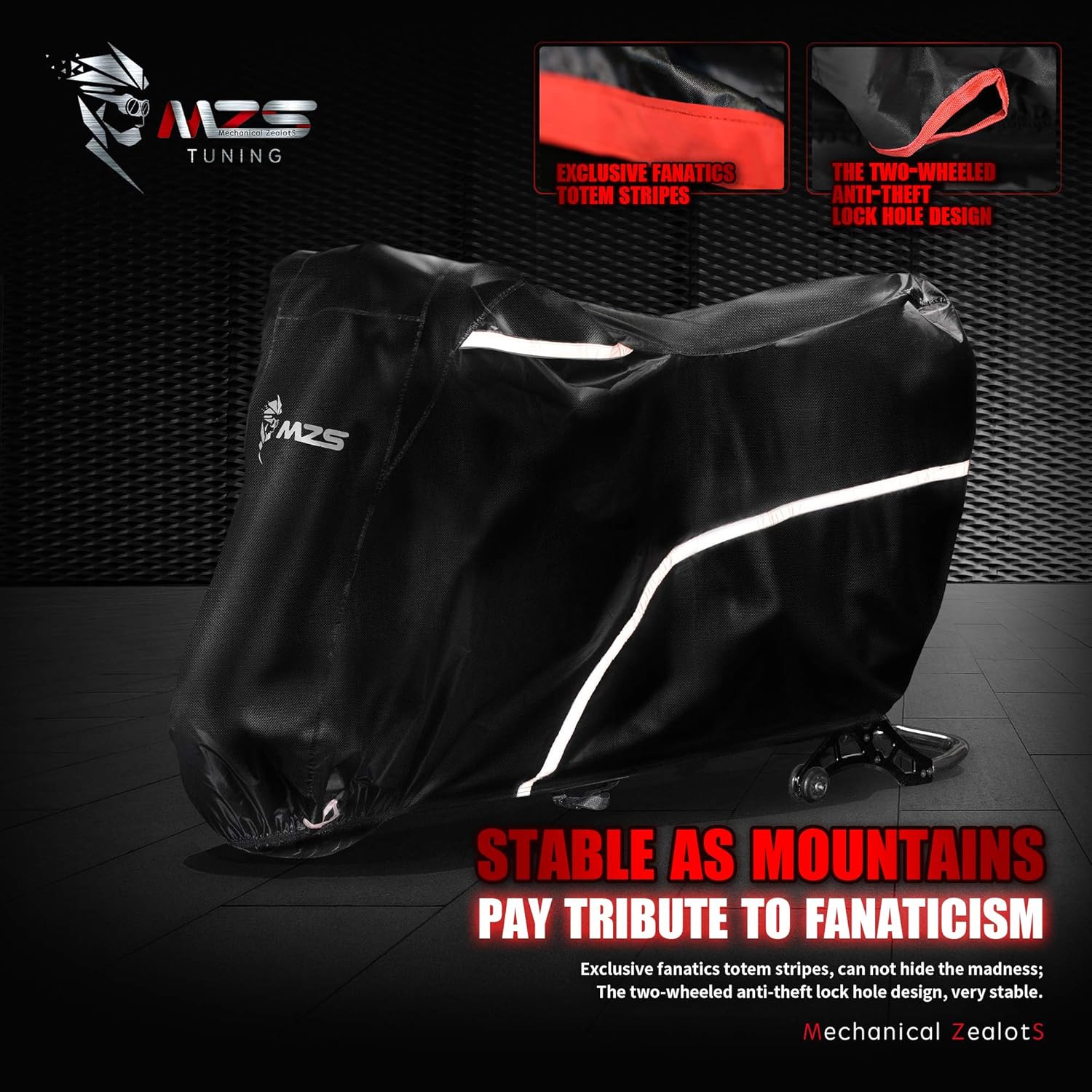 MZS Motorcycle Cover - All Season Weather Outdoor Waterproof Protection fits up to 86 inch L Compatible Sport Bikes Cruiser - Vents Night Reflective Tear Scratch Proof Sunblock Adjuster Buckle