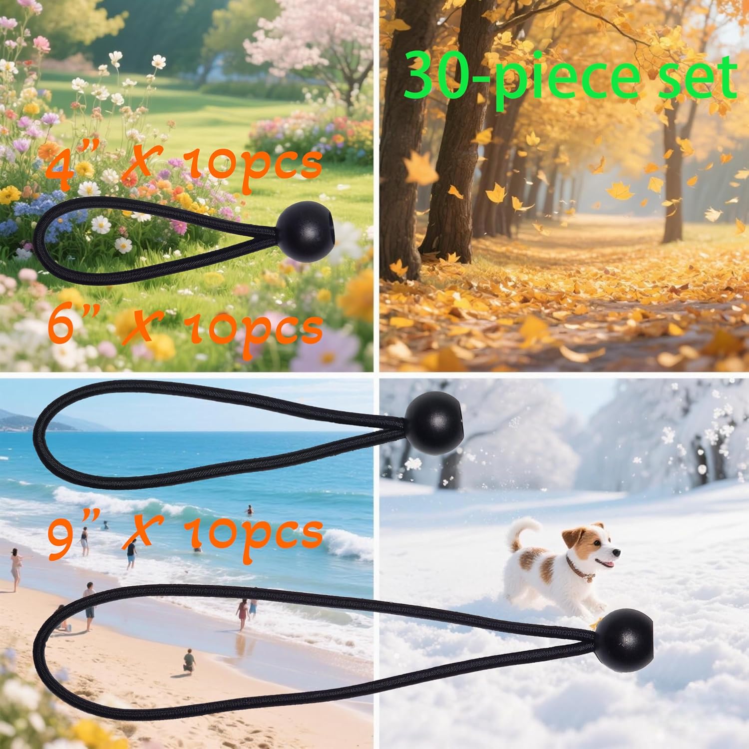 Bungee Cords with Balls 30 Pack, Ball Bungee Cords Comes in Three Sizes: 4 "6" 9", UV Resistant, Antioxidant, Secure Tie Down. (30, Black)