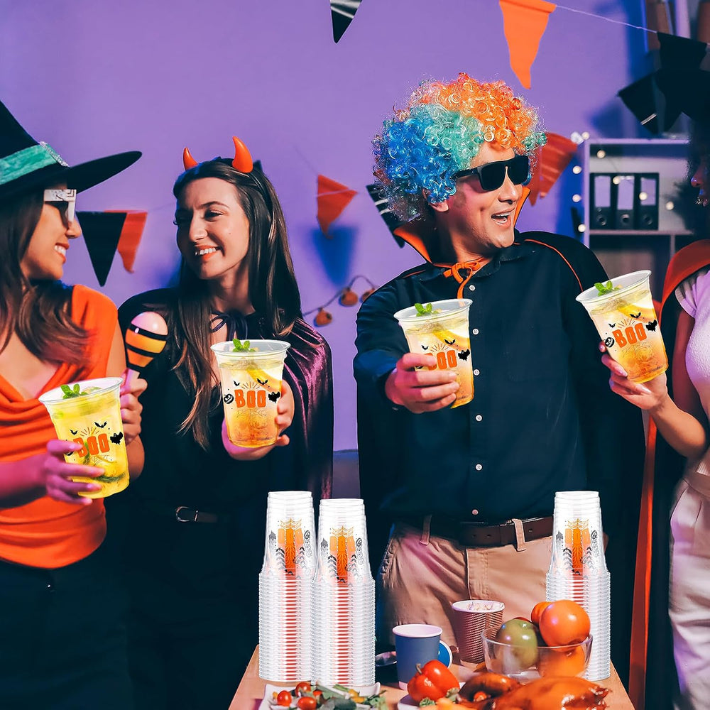 100 Pcs Halloween Plastic Cups Bulk 16 oz Disposable Clear Boo