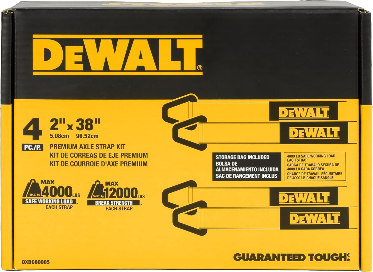 DEWALT DXBC80005 Black/Yellow 2" x 38" Premium Axle Tie Down Strap Kit (12,000 lb Break Strength) - Heavy Duty Protective for Truck, Trailer, ATV, UTV (Pack of 16)