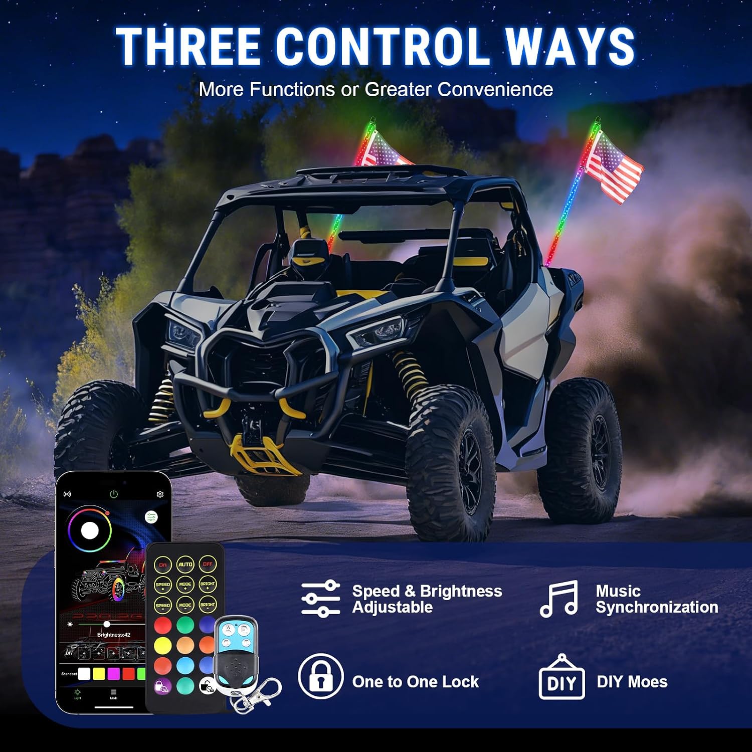 2PCS 3FT Spiral RGB LED Whip Light for UTV, with Spring Base App & RF Wireless Remote Control, Chasing Lighted Antenna Whips for UTV ATV RZR SXS Can-Am Polaris Offroad Truck