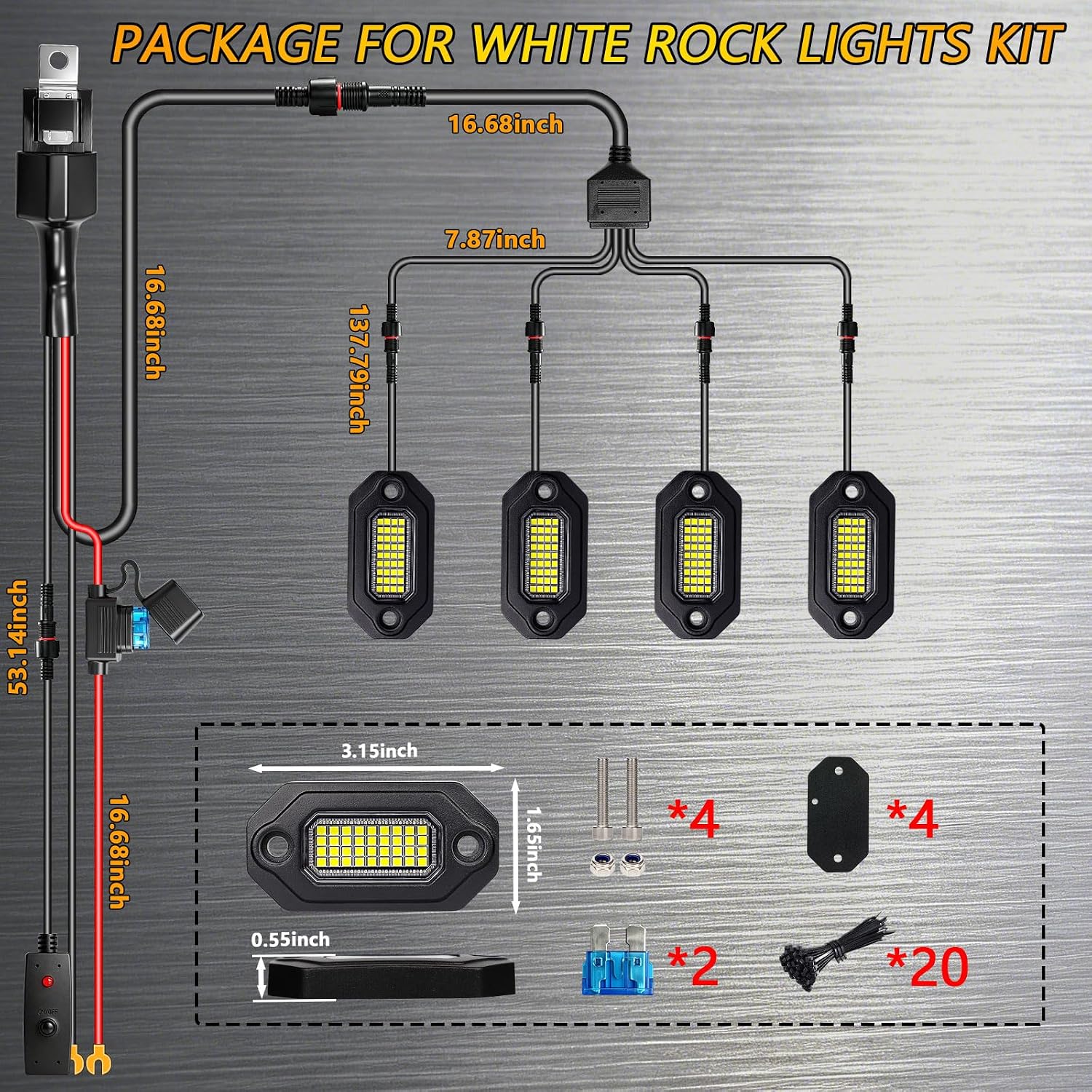 White Rock Lights,Haistyle LED Pure White Rock Lights Kit 4PCS with Switch Wire Harness Kit for Trucks UTV Off Road Boat ATV SUV Luces para Carro Super Bright High Power Light Waterproof Shockproof